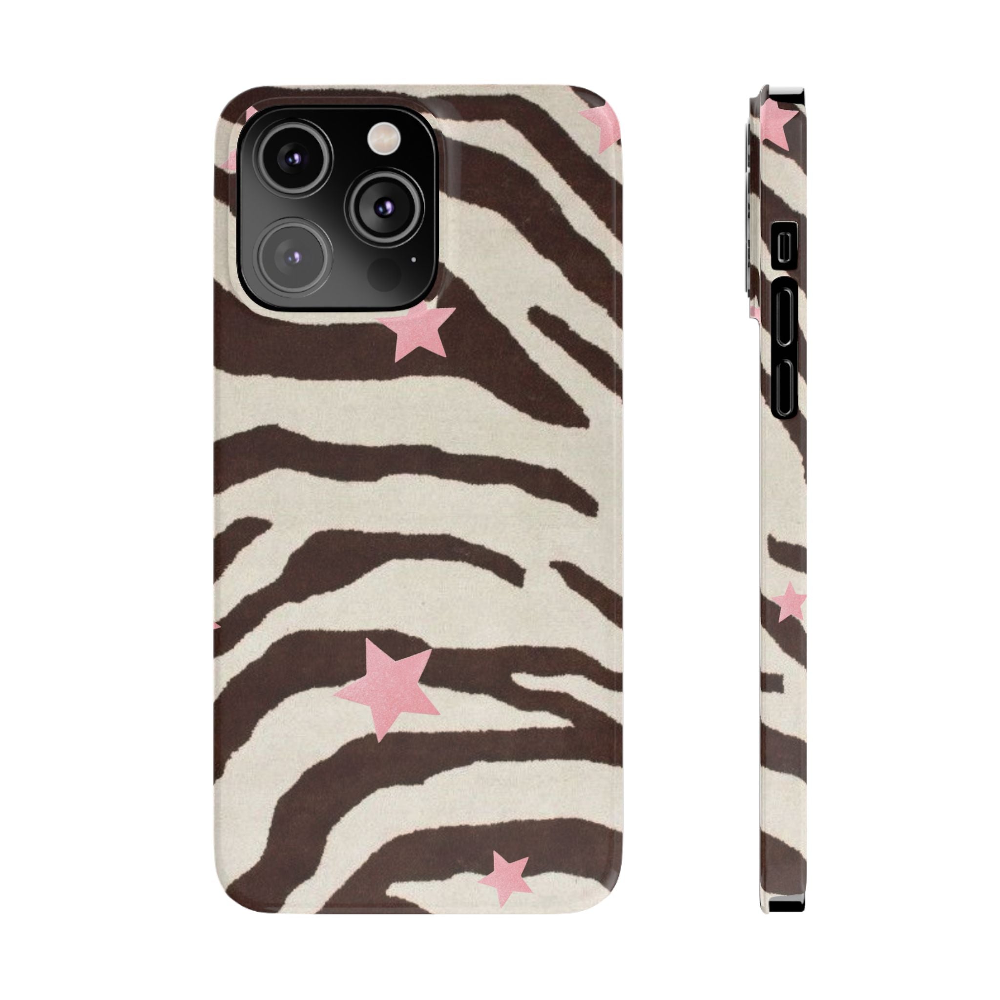 Zebra Stripe Slim Phone Case with Pink Stars – Trendy Animal Print Protector