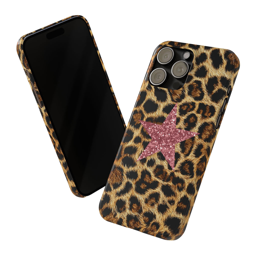 Leopard Print Slim Phone Case with Pink Glitter Star — Chic Animal Print Protective Cover
