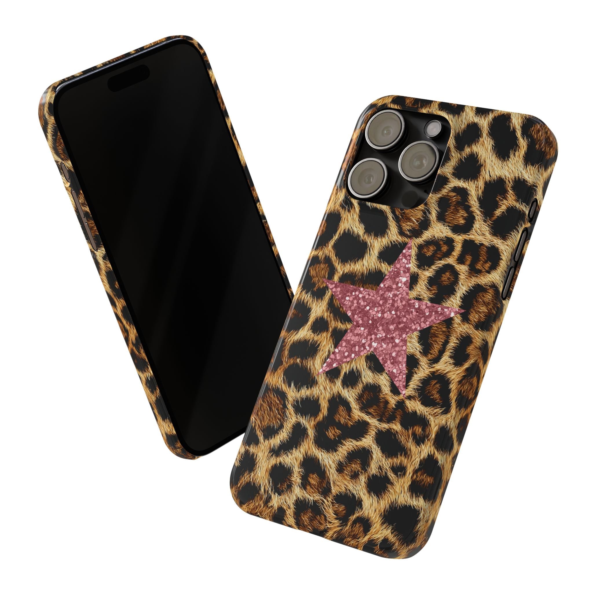 Leopard Print Slim Phone Case with Pink Glitter Star — Chic Animal Print Protective Cover