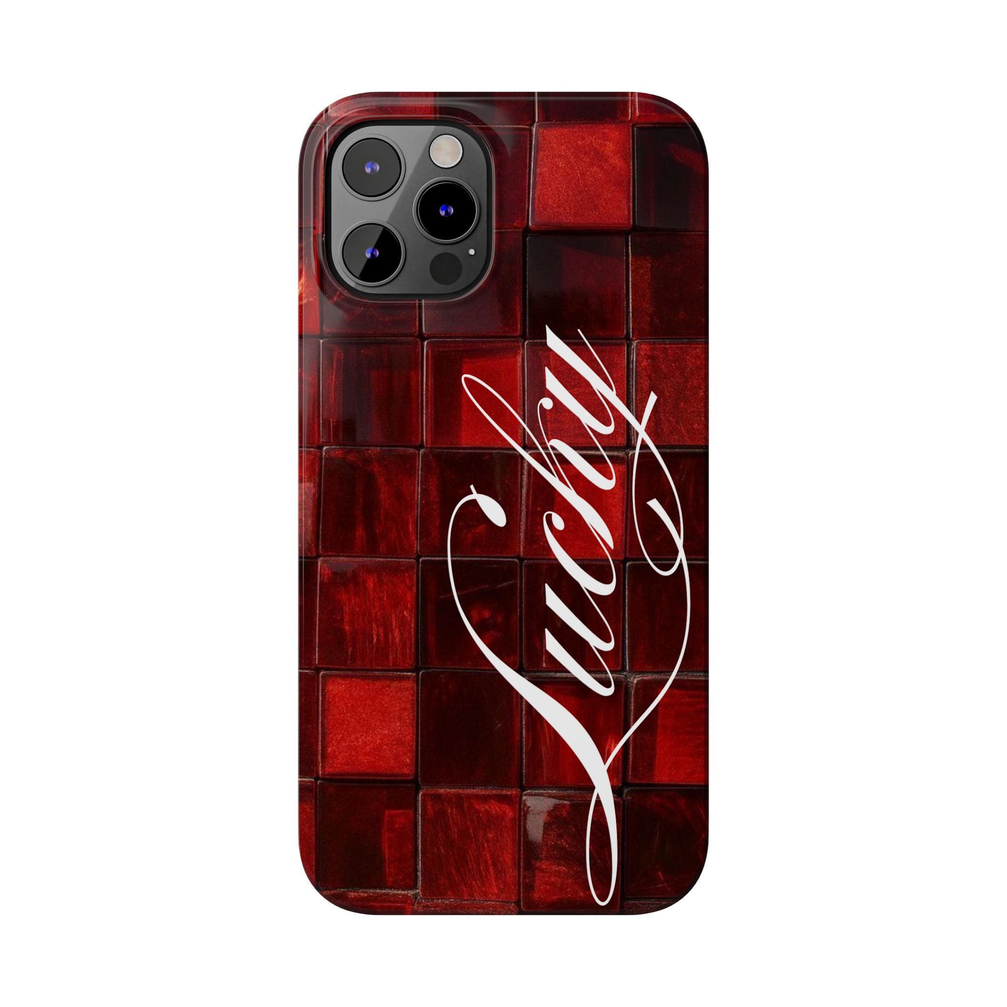 Red Mosaic 'Lucky' Slim Phone Case — Stylish Script Protective Cover