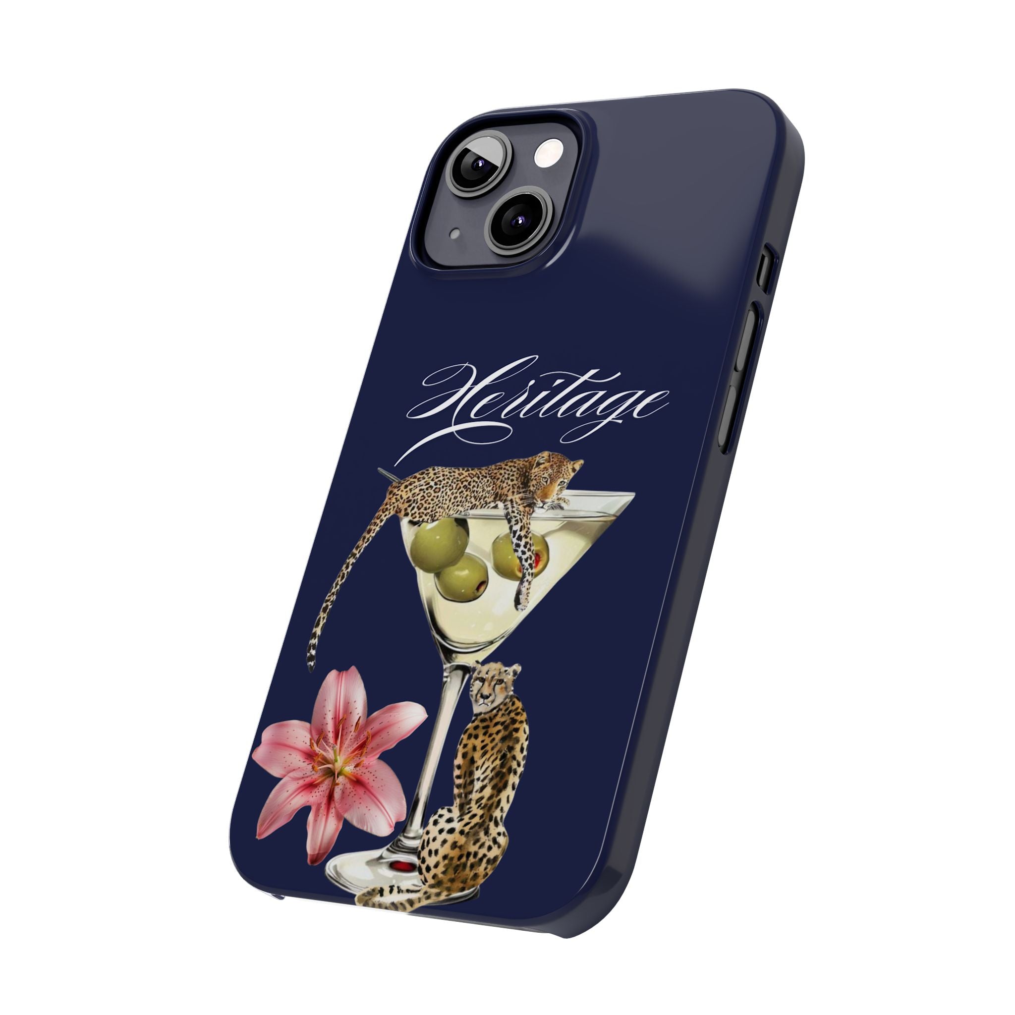 Heritage Cheetah Martini Slim Phone Case — Floral Cocktail Design