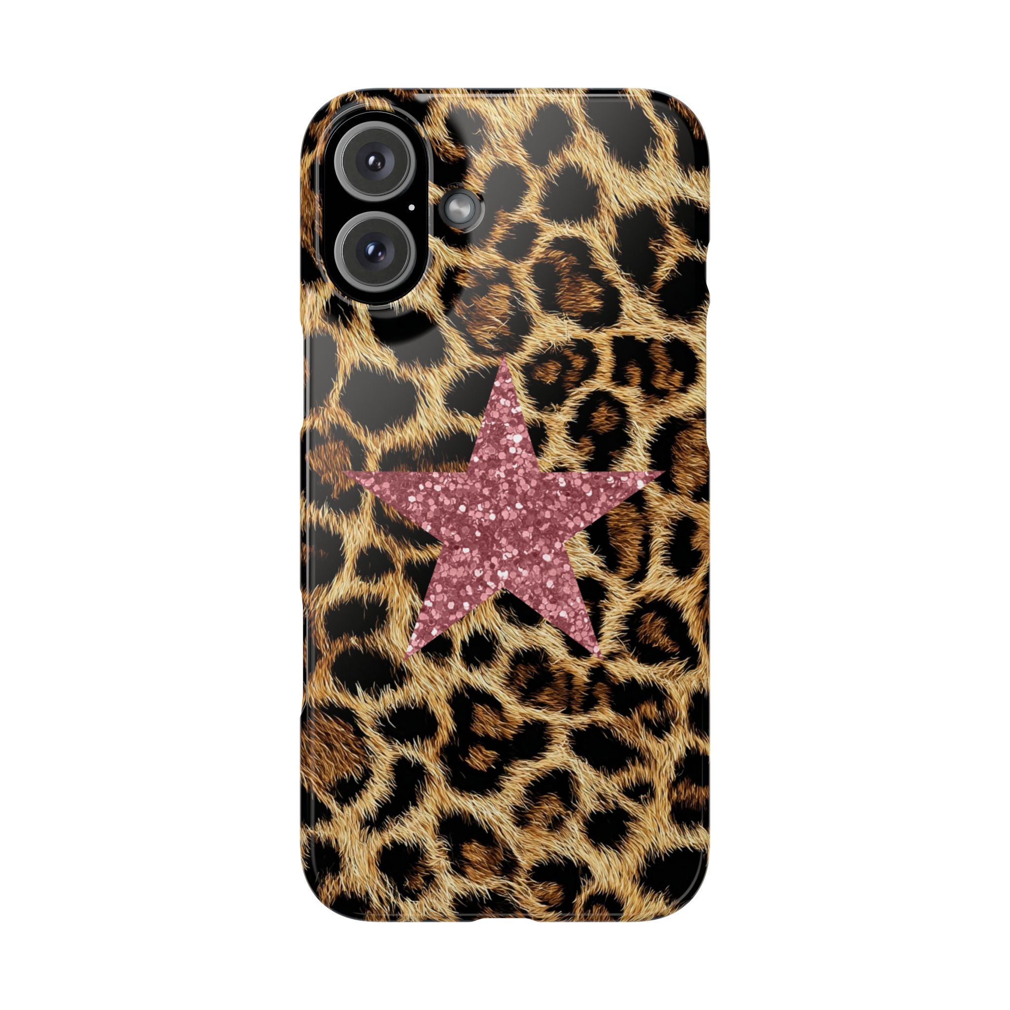 Leopard Print Slim Phone Case with Pink Glitter Star — Chic Animal Print Protective Cover