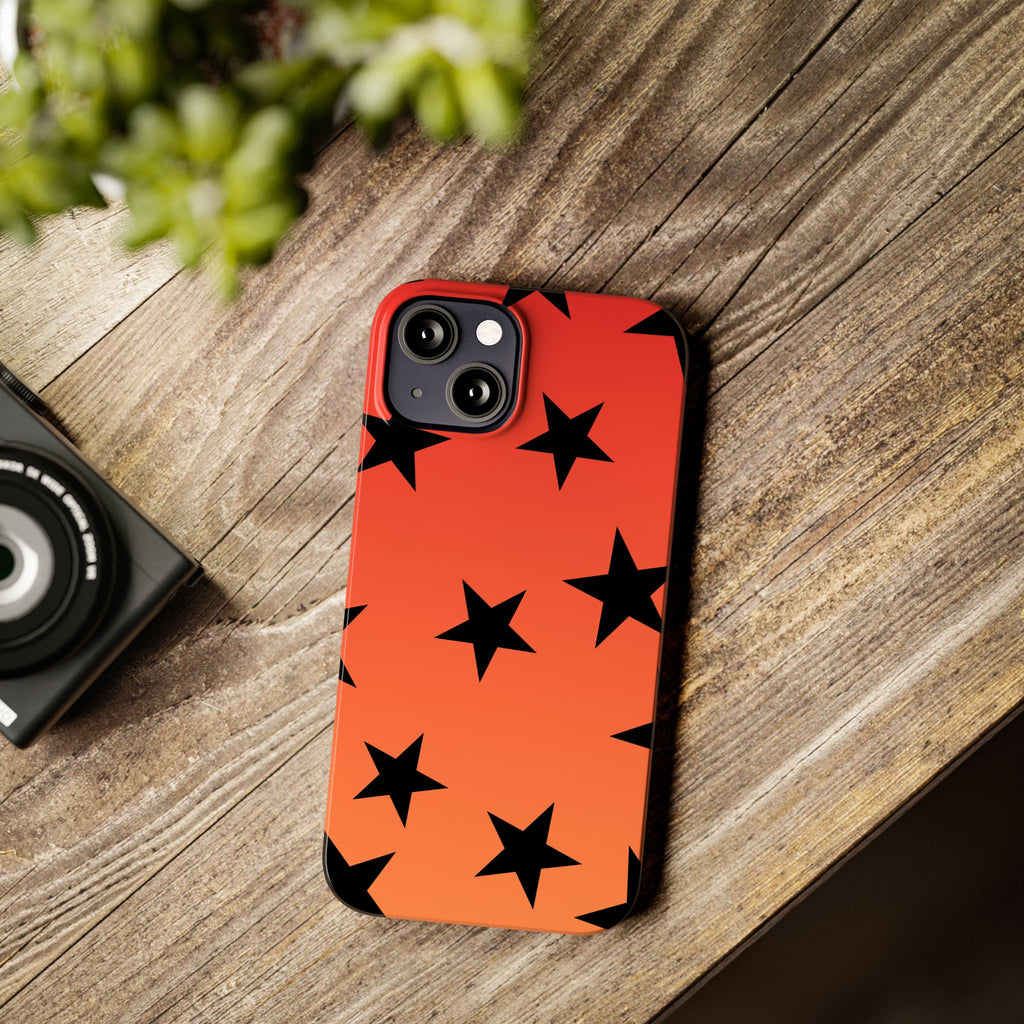 Star Pattern Slim Phone Case — Gradient Orange Red with Black Stars
