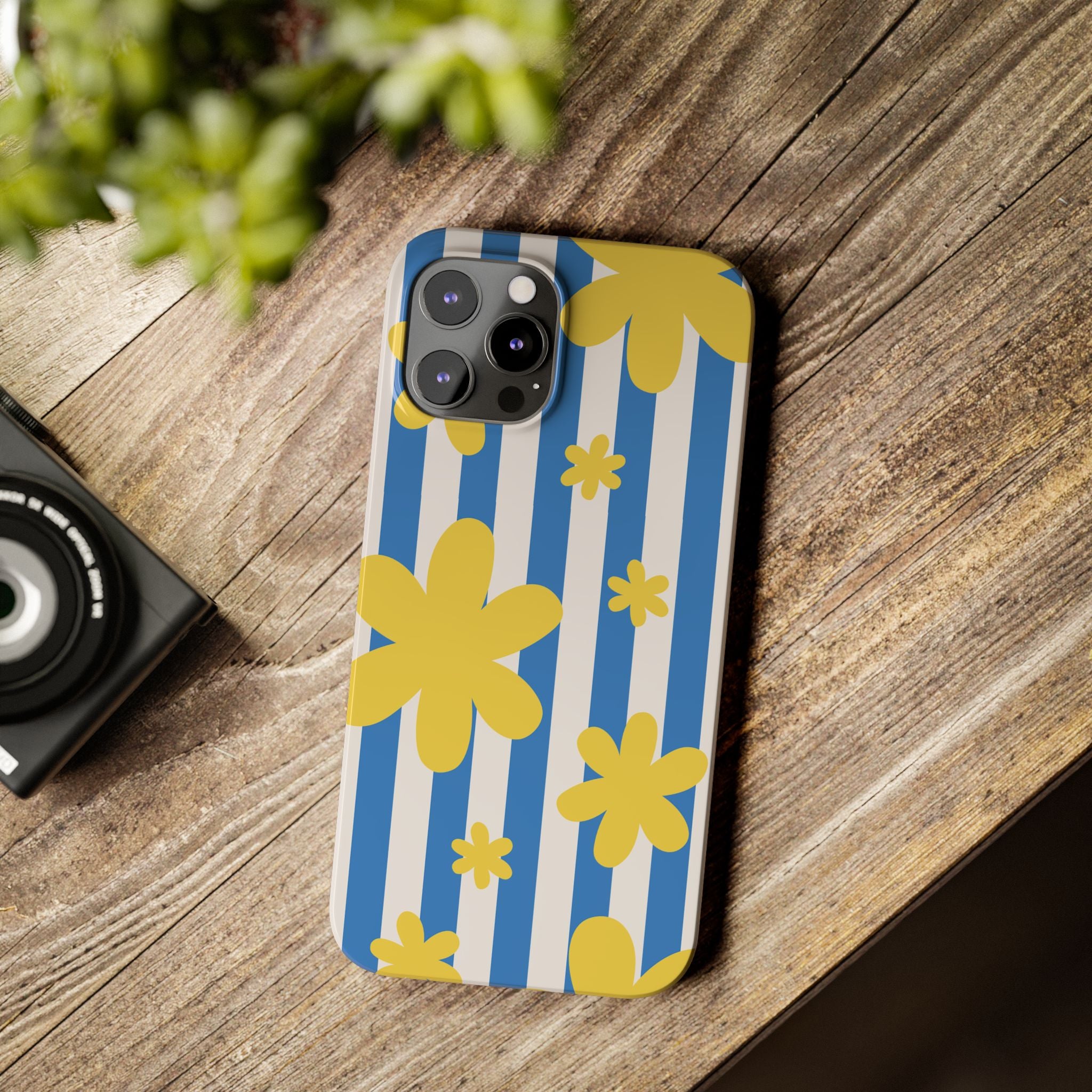 Retro Blue Stripes with Yellow Flower Pattern