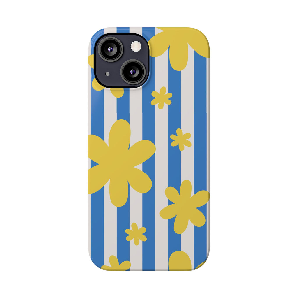 Retro Blue Stripes with Yellow Flower Pattern