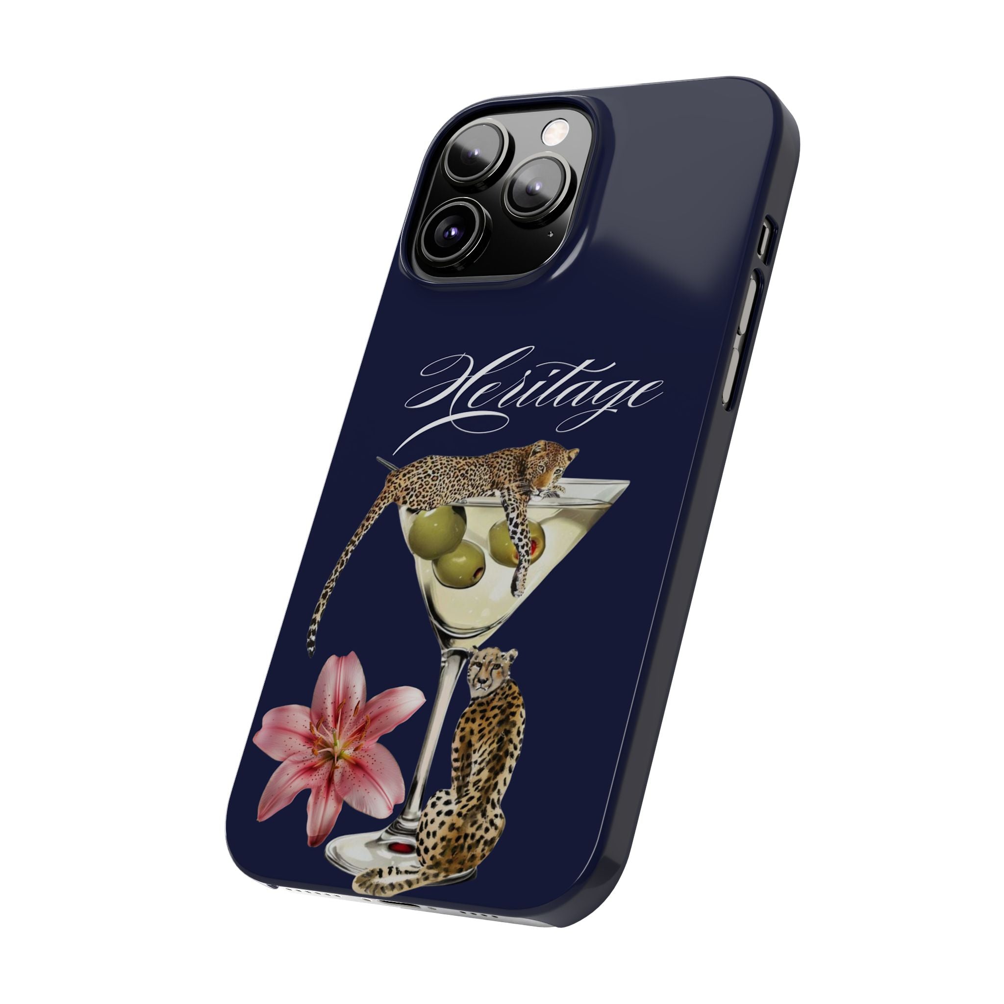 Heritage Cheetah Martini Slim Phone Case — Floral Cocktail Design