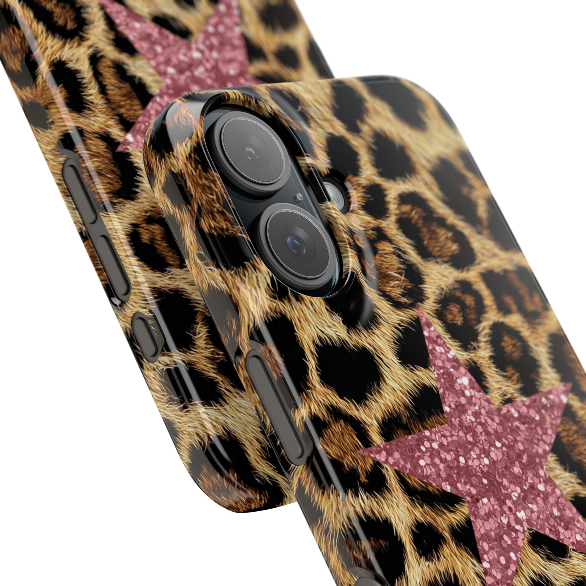 Leopard Print Slim Phone Case with Pink Glitter Star — Chic Animal Print Protective Cover