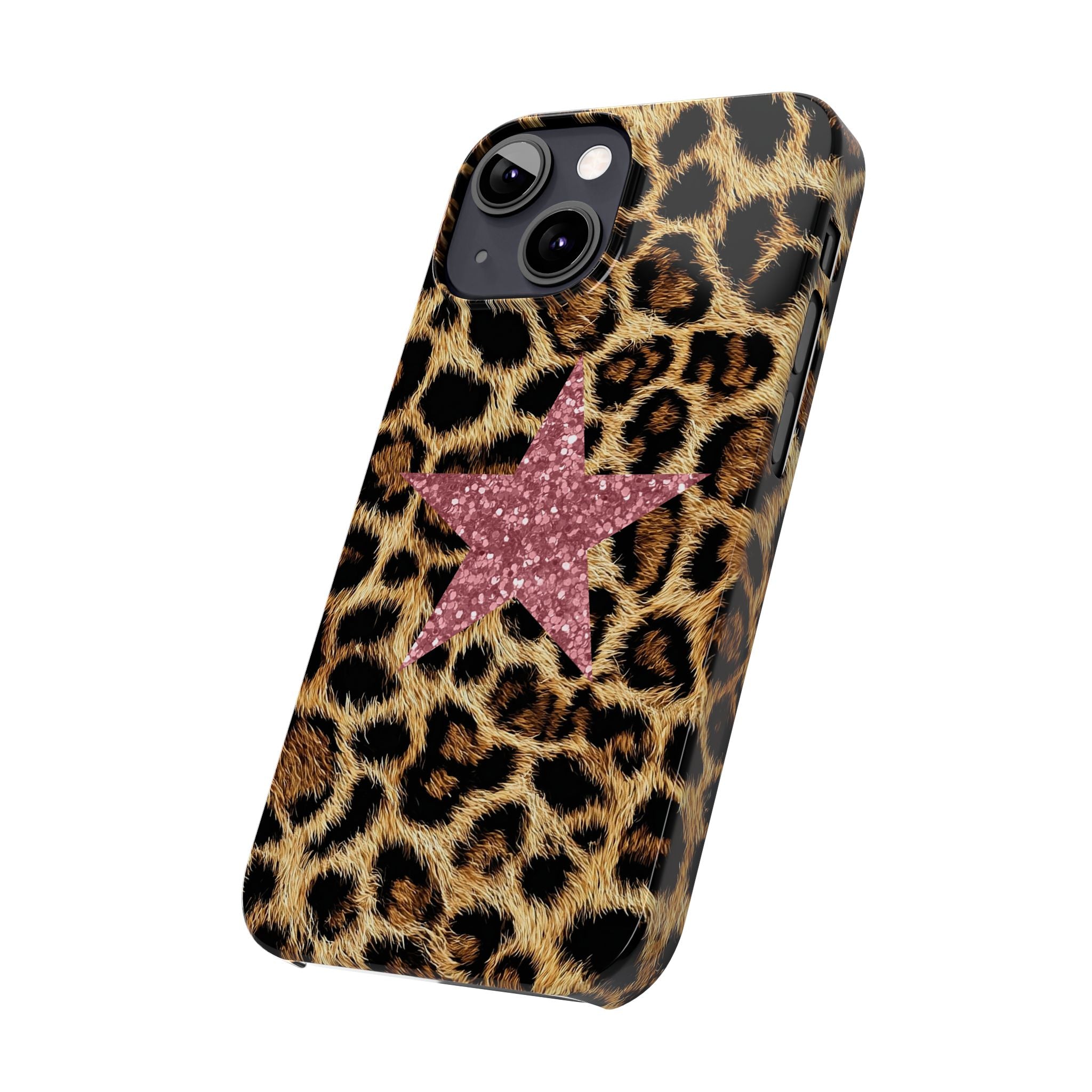 Leopard Print Slim Phone Case with Pink Glitter Star — Chic Animal Print Protective Cover