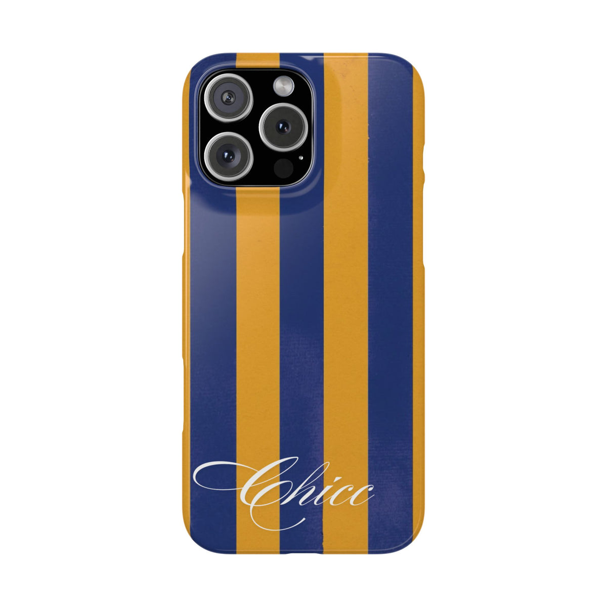 Striped Navy & Gold Slim Phone Case — "Chicc" Script Accent