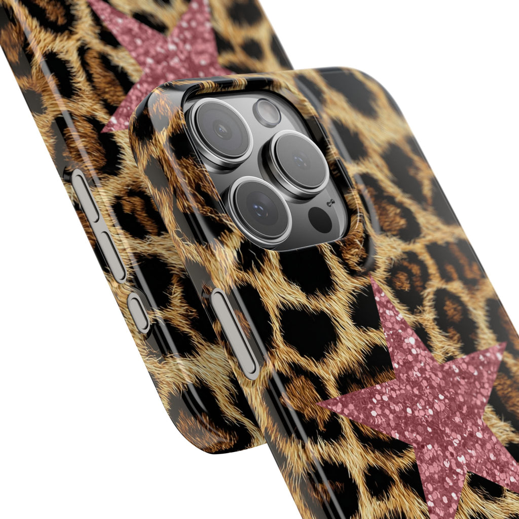 Leopard Print Slim Phone Case with Pink Glitter Star — Chic Animal Print Protective Cover