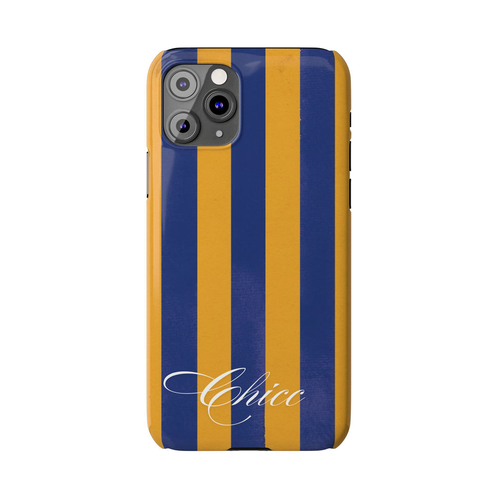 Striped Navy & Gold Slim Phone Case — "Chicc" Script Accent