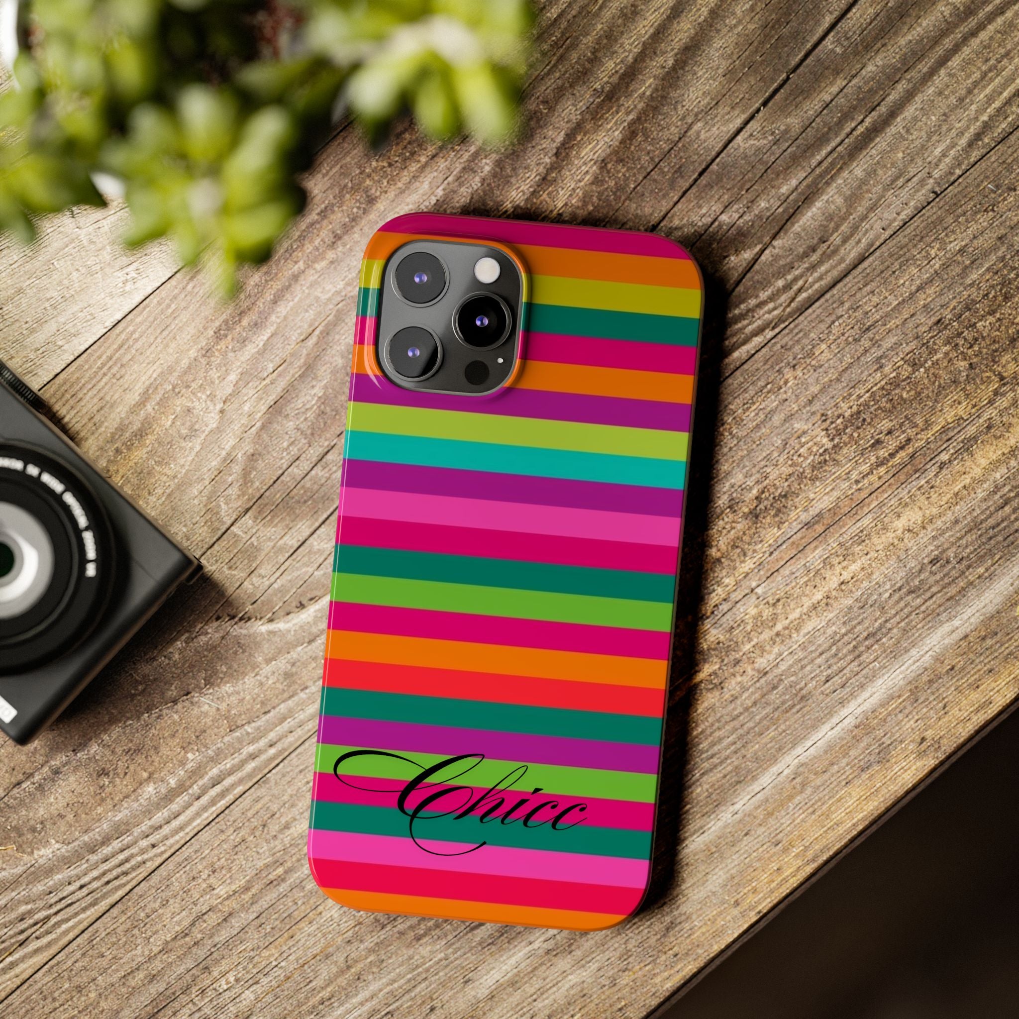 Chic Stripes Slim Phone Case — Colorful Rainbow Stripe Monogram Phone Cover