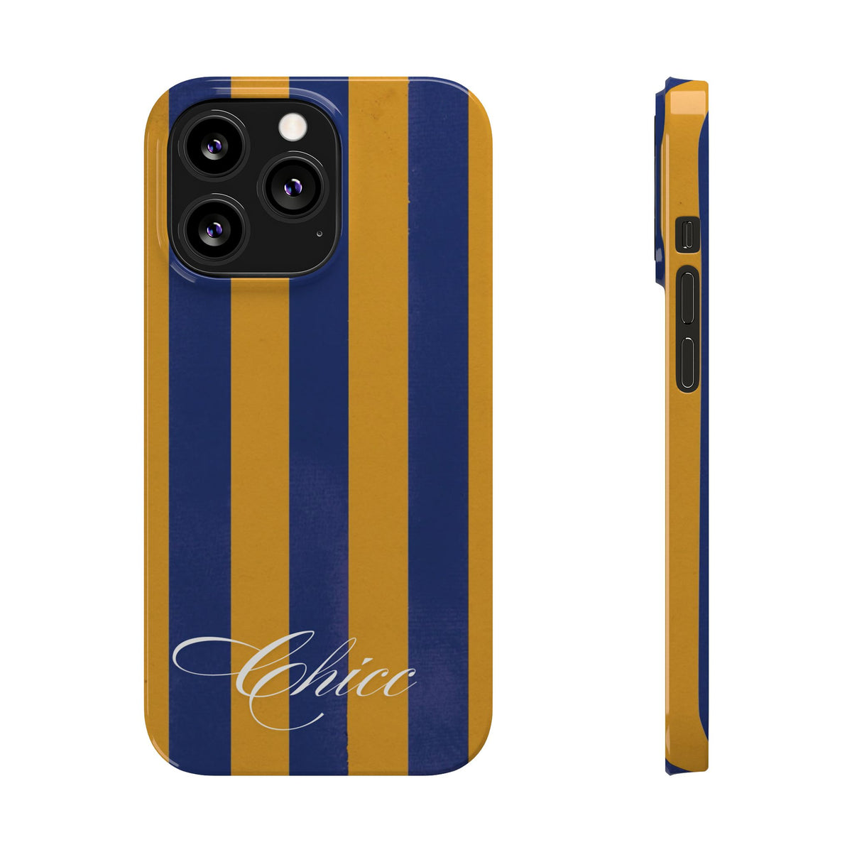 Striped Navy & Gold Slim Phone Case — "Chicc" Script Accent