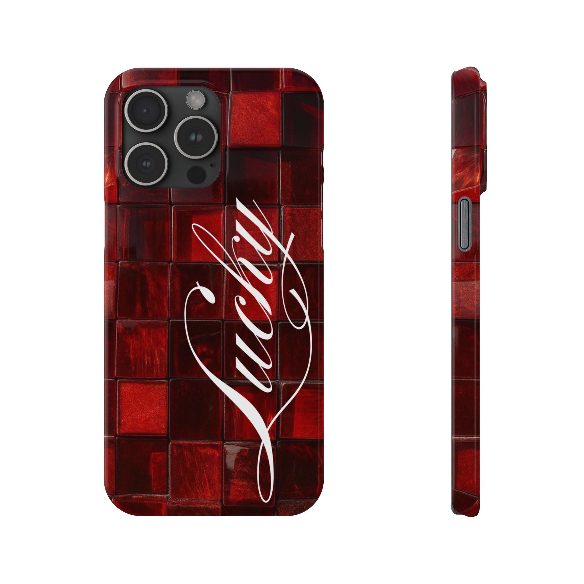 Red Mosaic 'Lucky' Slim Phone Case — Stylish Script Protective Cover