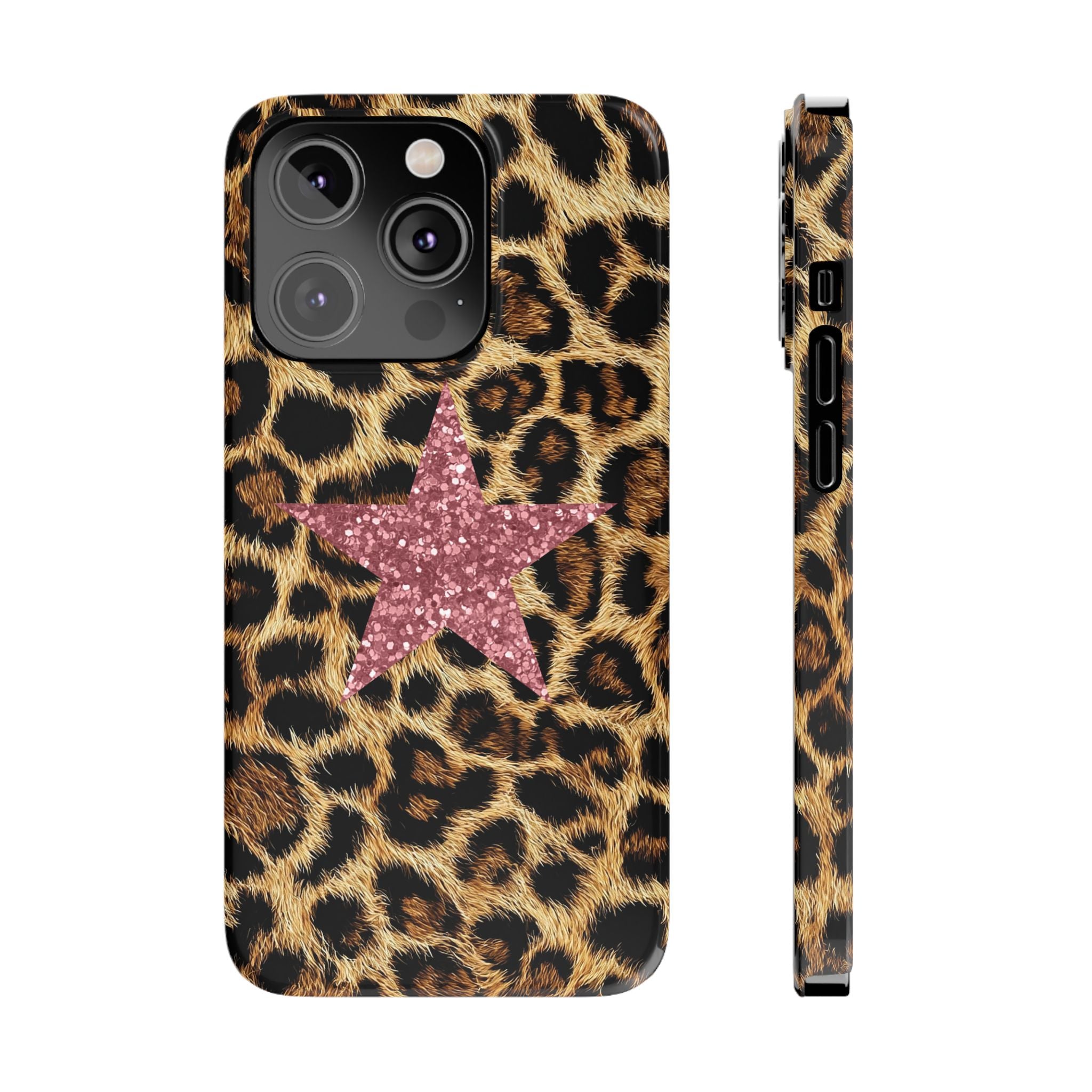 Leopard Print Slim Phone Case with Pink Glitter Star — Chic Animal Print Protective Cover