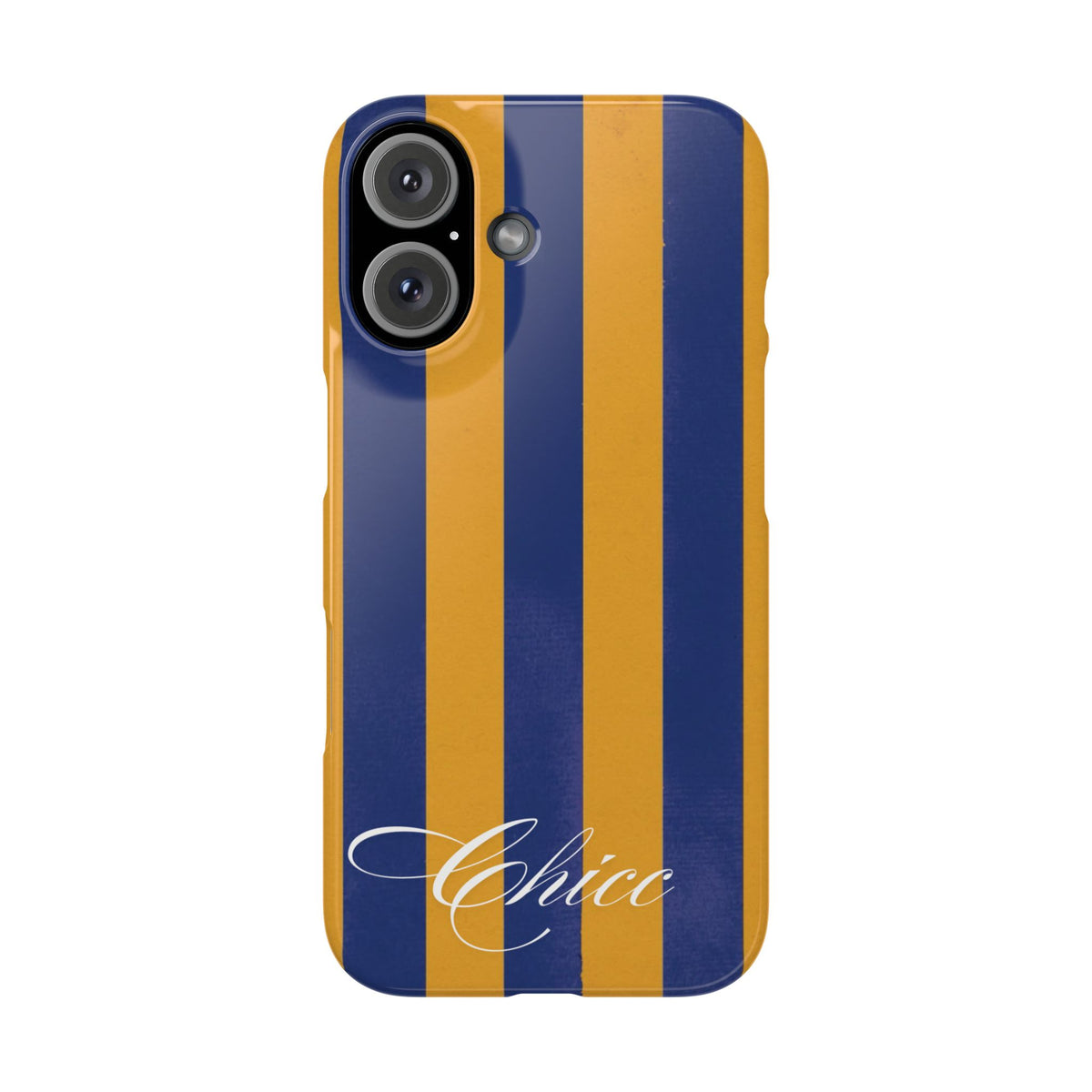 Striped Navy & Gold Slim Phone Case — "Chicc" Script Accent