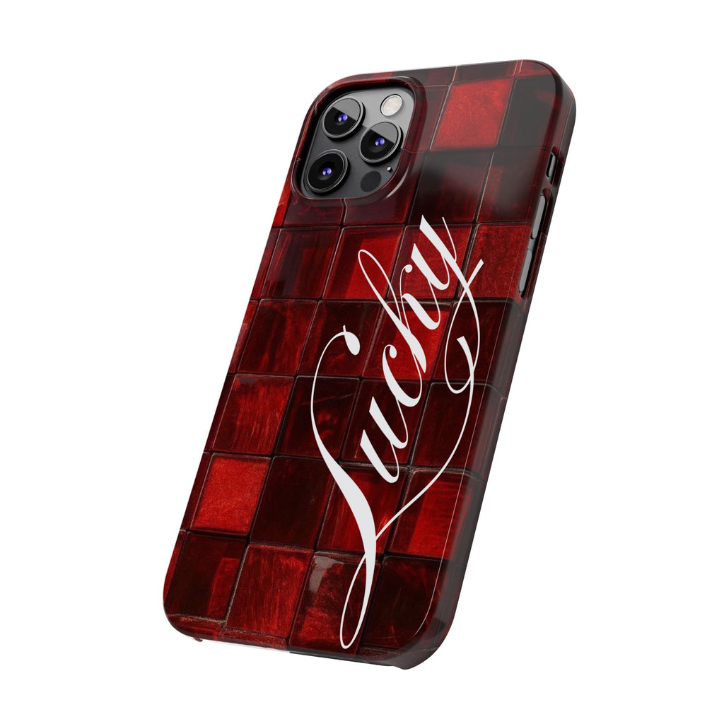Red Mosaic 'Lucky' Slim Phone Case — Stylish Script Protective Cover