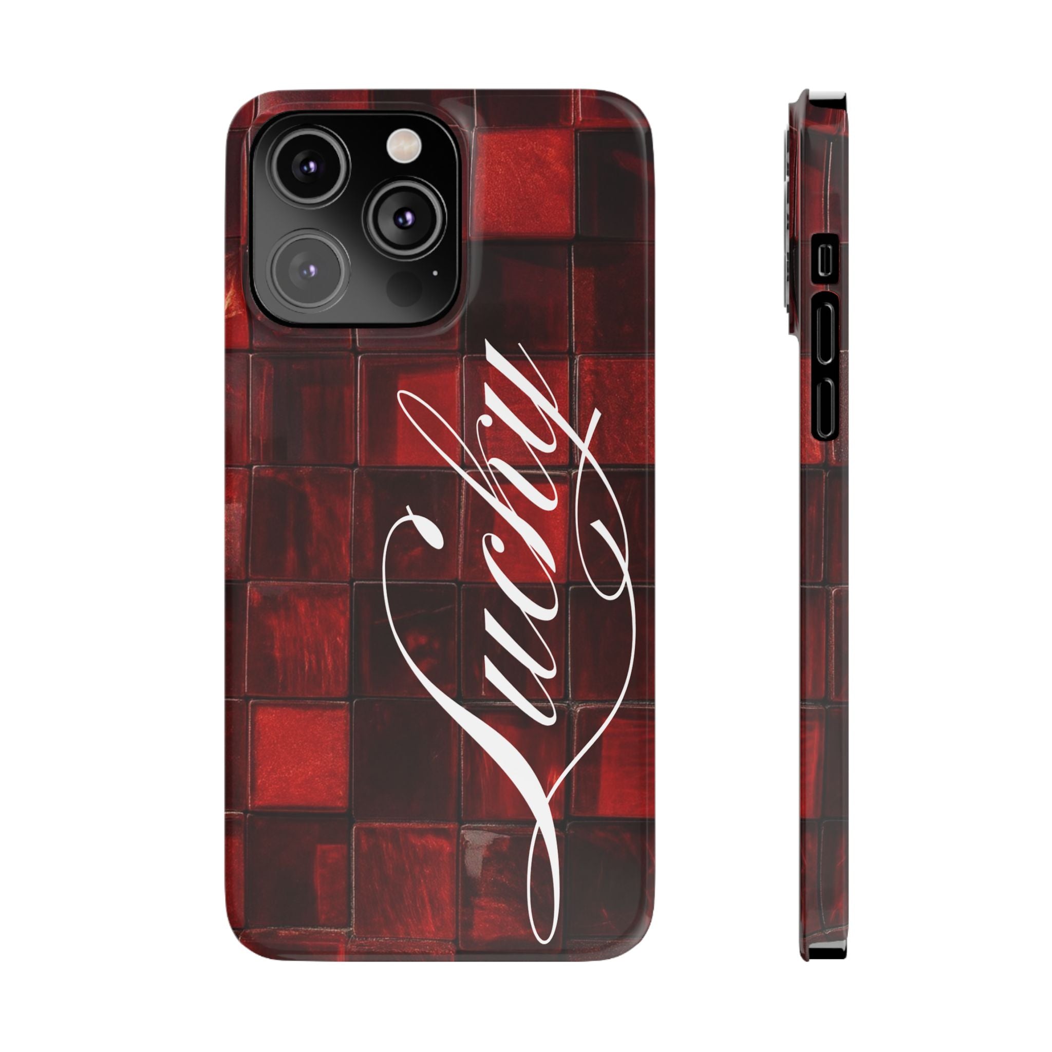 Red Mosaic 'Lucky' Slim Phone Case — Stylish Script Protective Cover