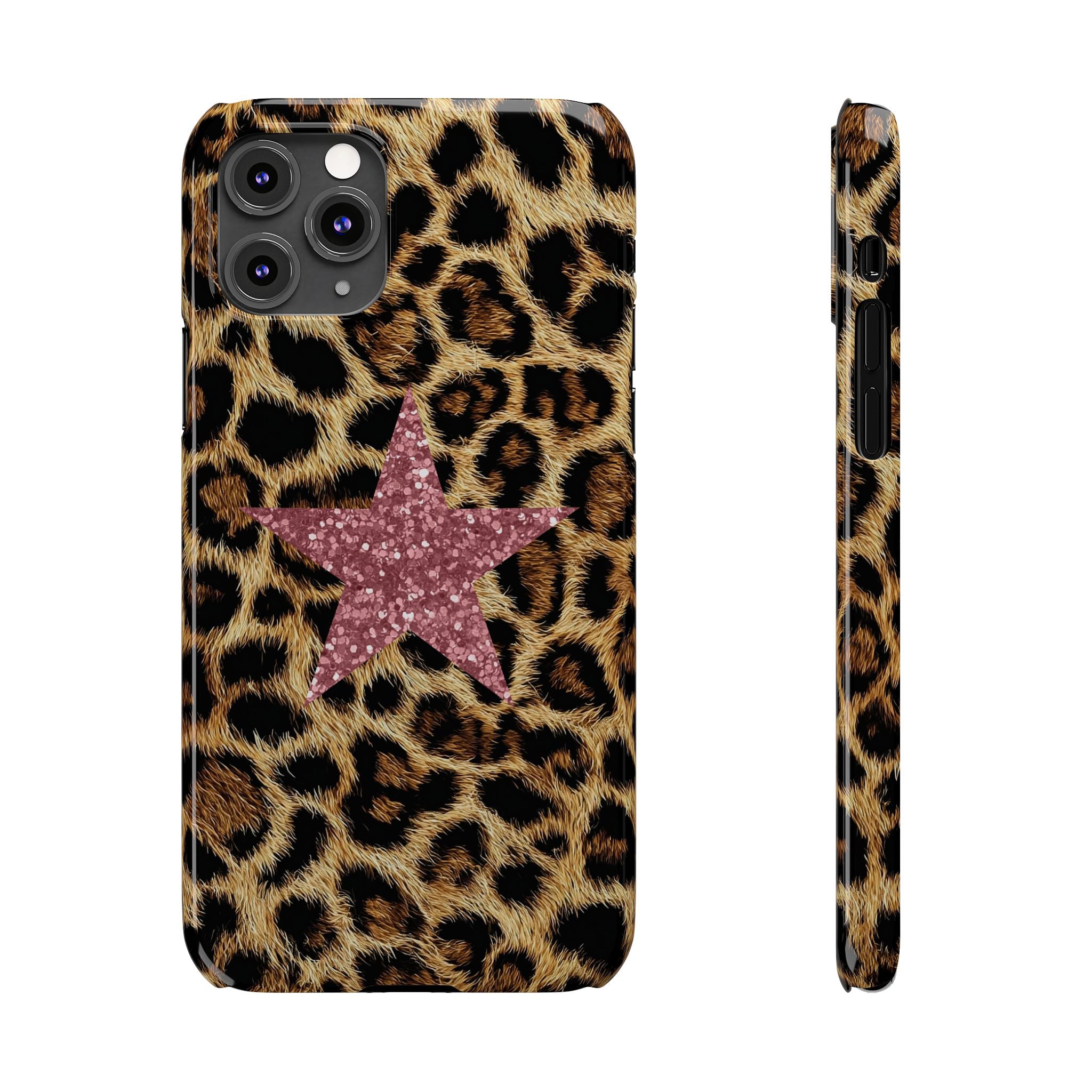Leopard Print Slim Phone Case with Pink Glitter Star — Chic Animal Print Protective Cover
