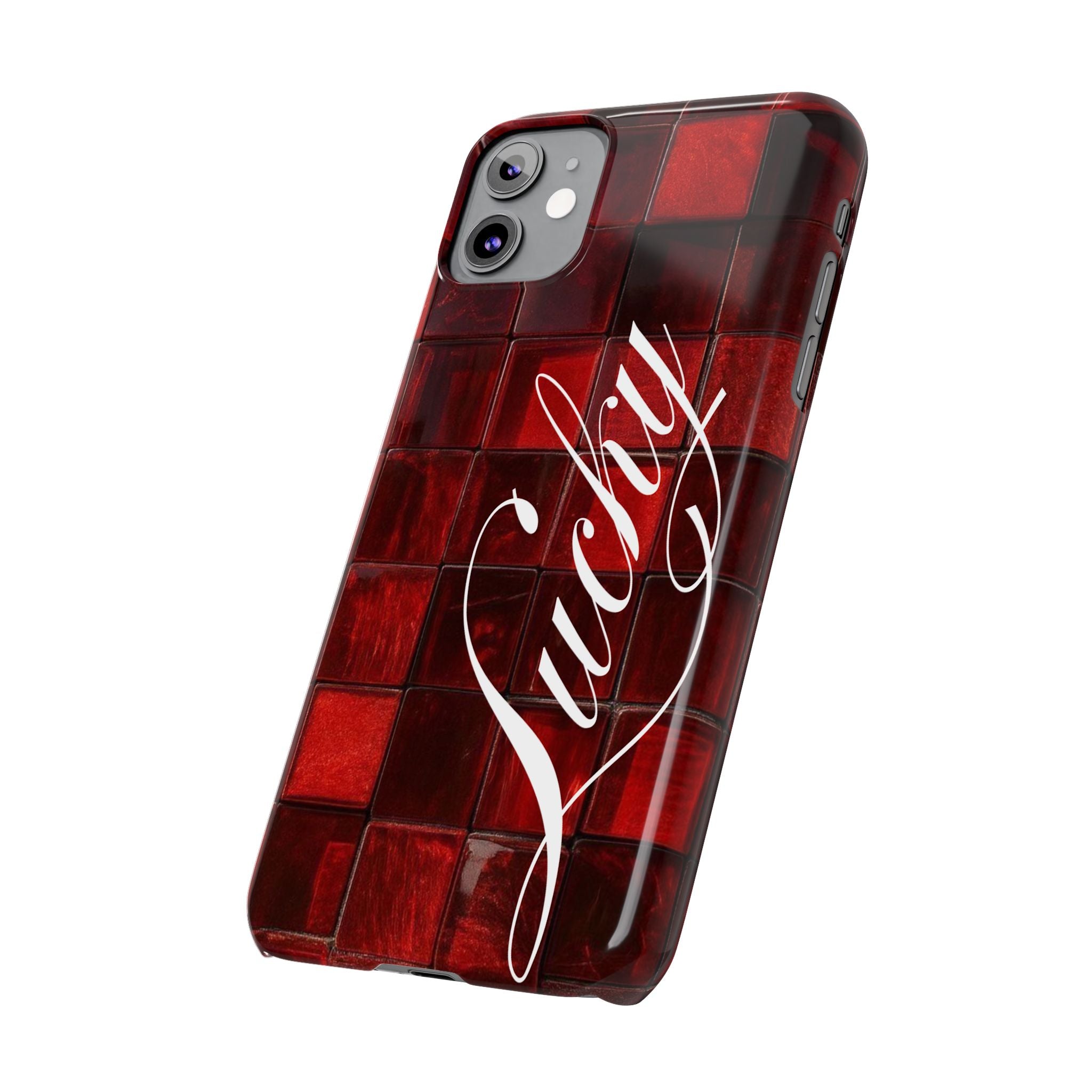 Red Mosaic 'Lucky' Slim Phone Case — Stylish Script Protective Cover