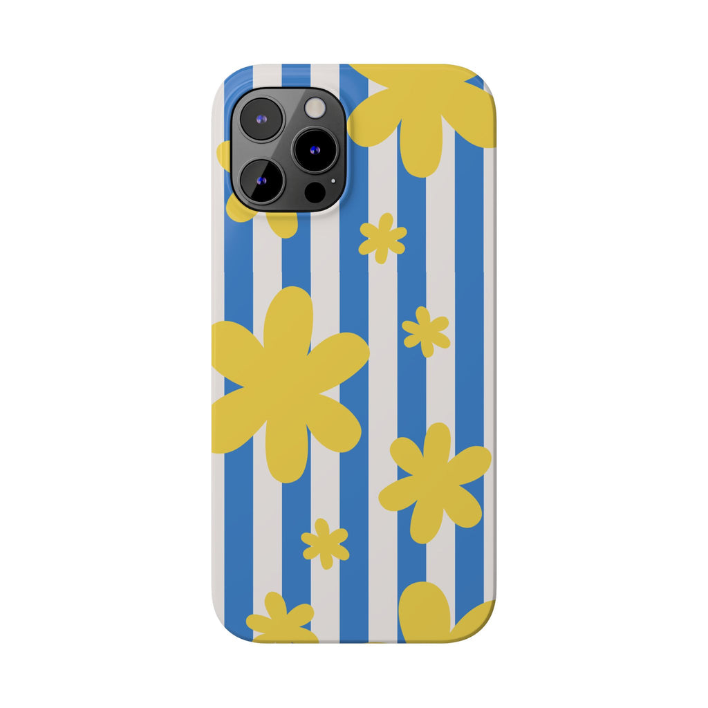 Retro Blue Stripes with Yellow Flower Pattern