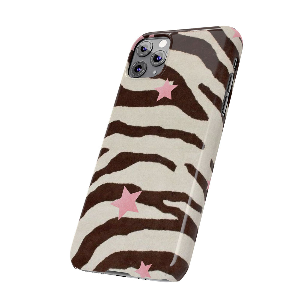Zebra Stripe Slim Phone Case with Pink Stars – Trendy Animal Print Protector