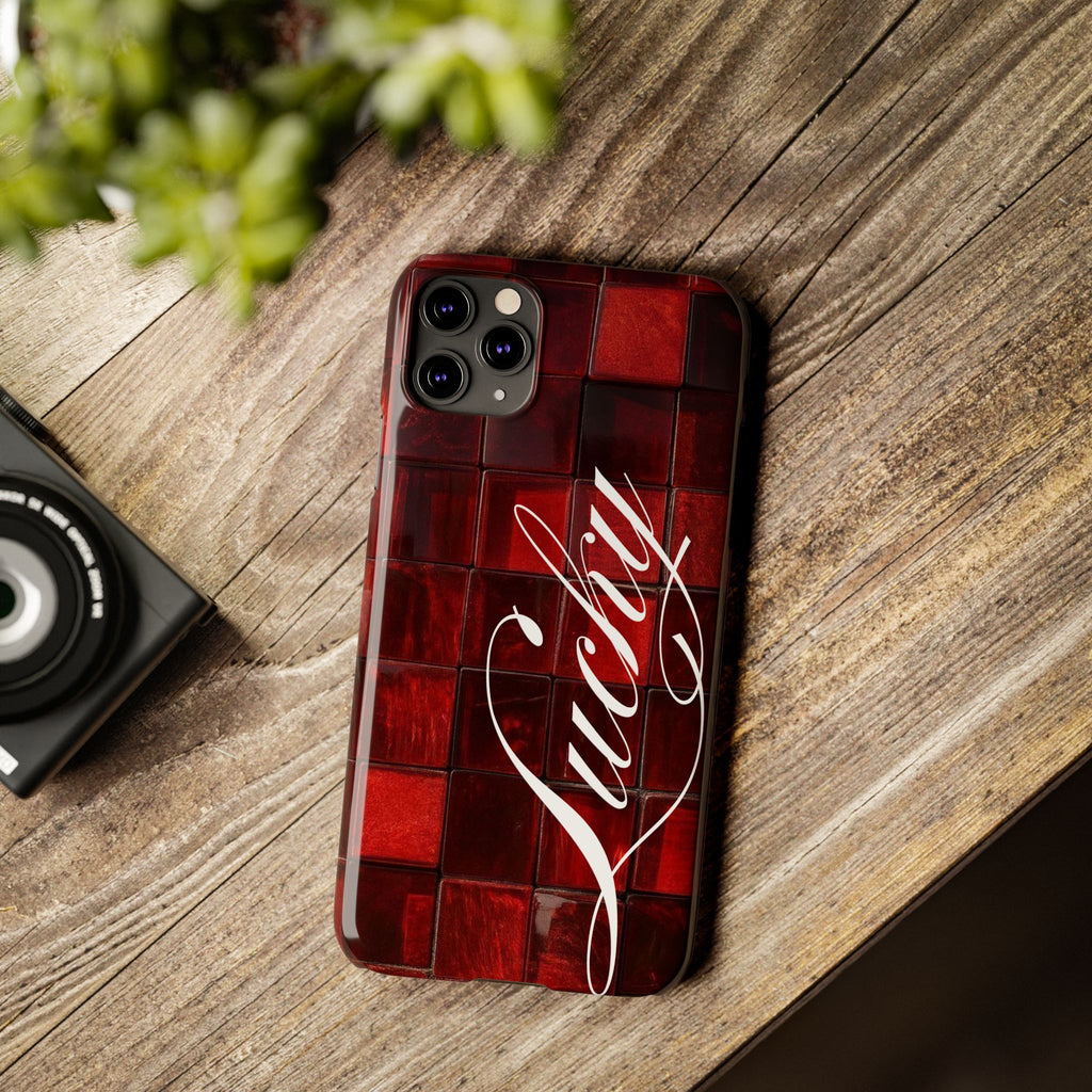 Red Mosaic 'Lucky' Slim Phone Case — Stylish Script Protective Cover