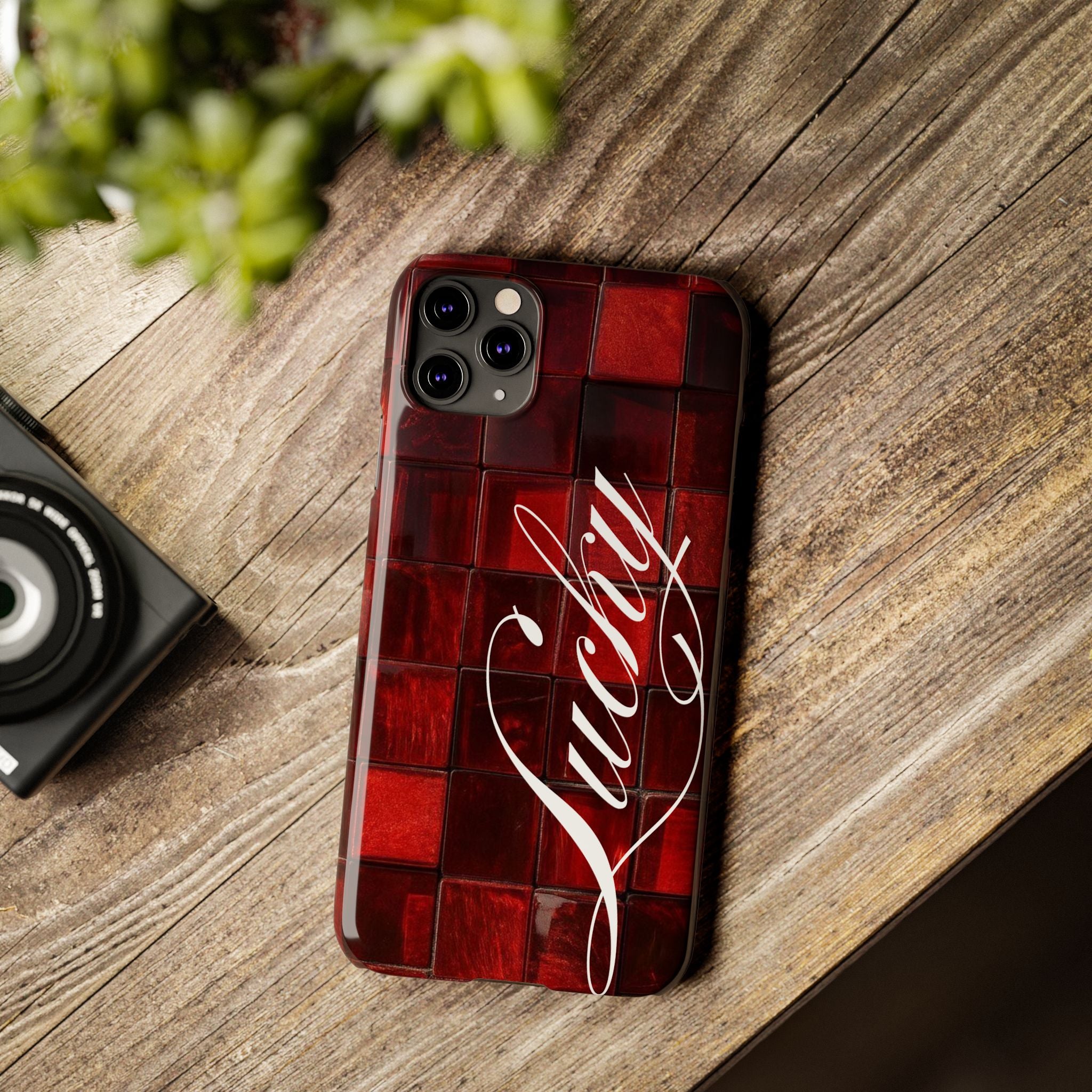 Red Mosaic 'Lucky' Slim Phone Case — Stylish Script Protective Cover