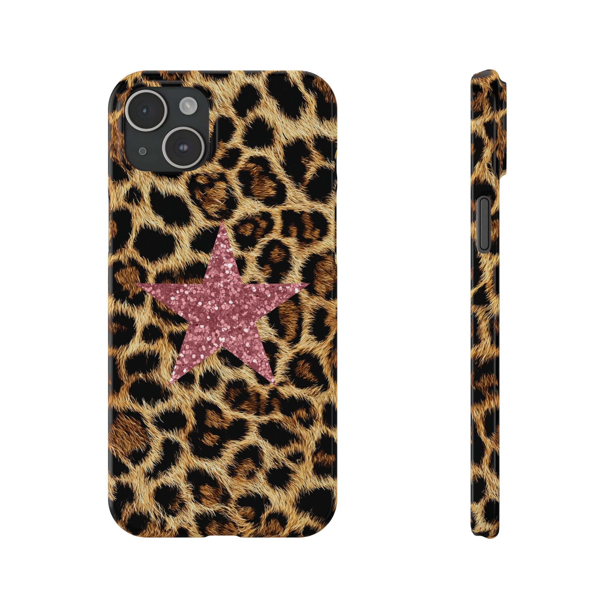 Leopard Print Slim Phone Case with Pink Glitter Star — Chic Animal Print Protective Cover