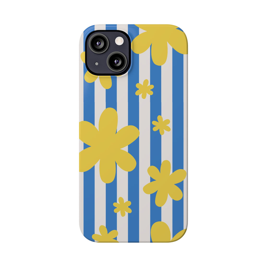 Retro Blue Stripes with Yellow Flower Pattern