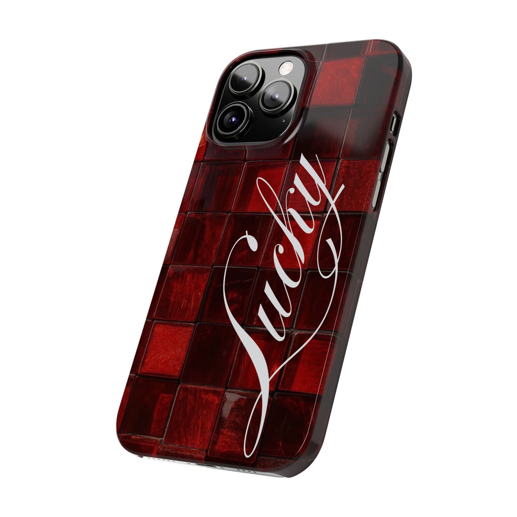 Red Mosaic 'Lucky' Slim Phone Case — Stylish Script Protective Cover