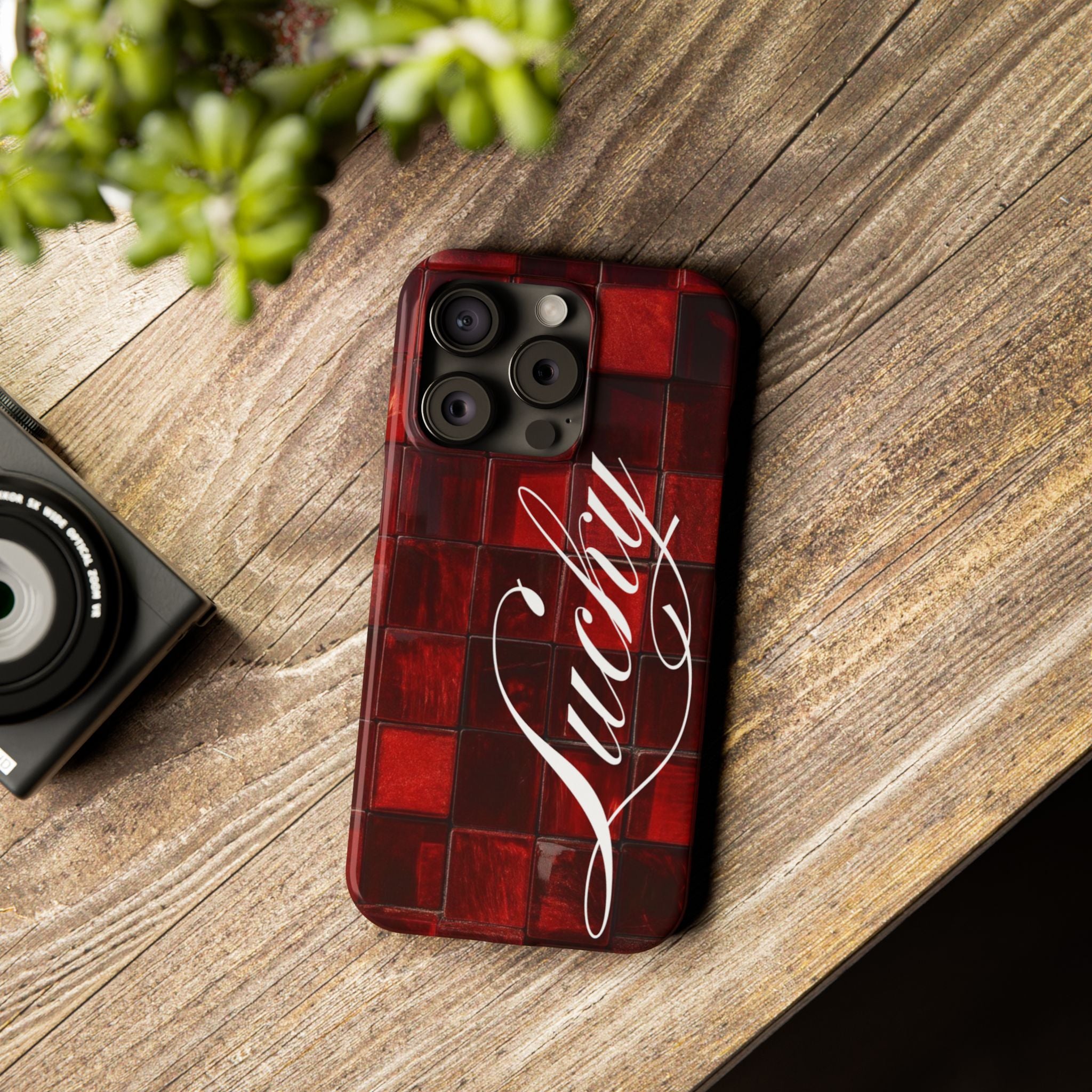 Red Mosaic 'Lucky' Slim Phone Case — Stylish Script Protective Cover