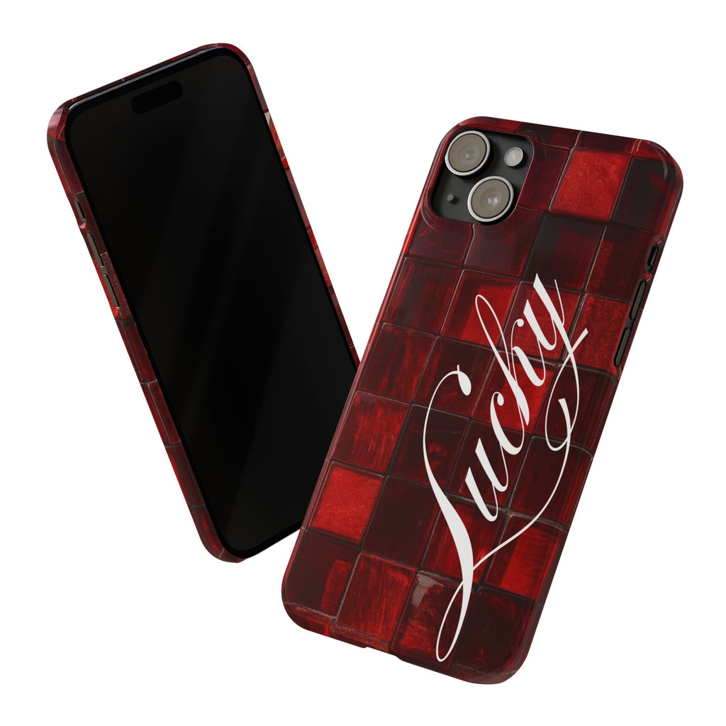 Red Mosaic 'Lucky' Slim Phone Case — Stylish Script Protective Cover