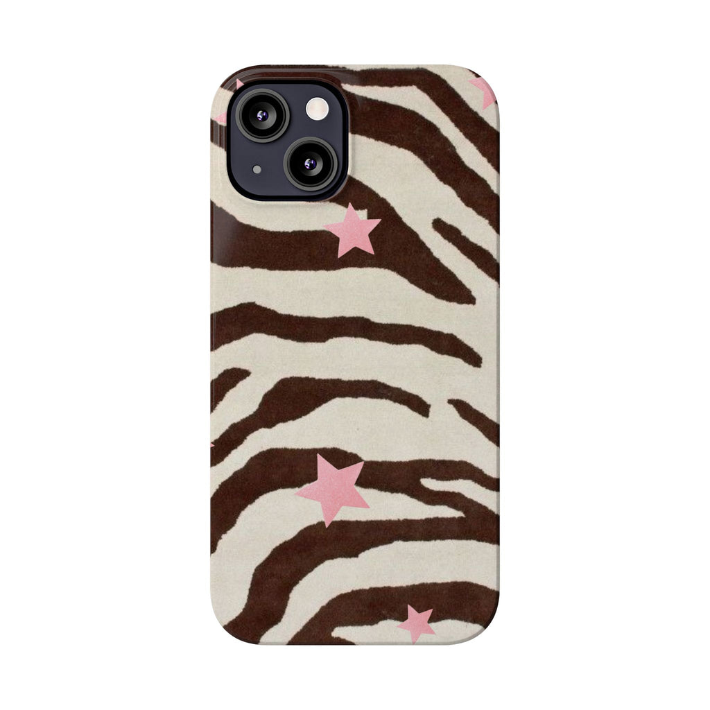 Zebra Stripe Slim Phone Case with Pink Stars – Trendy Animal Print Protector