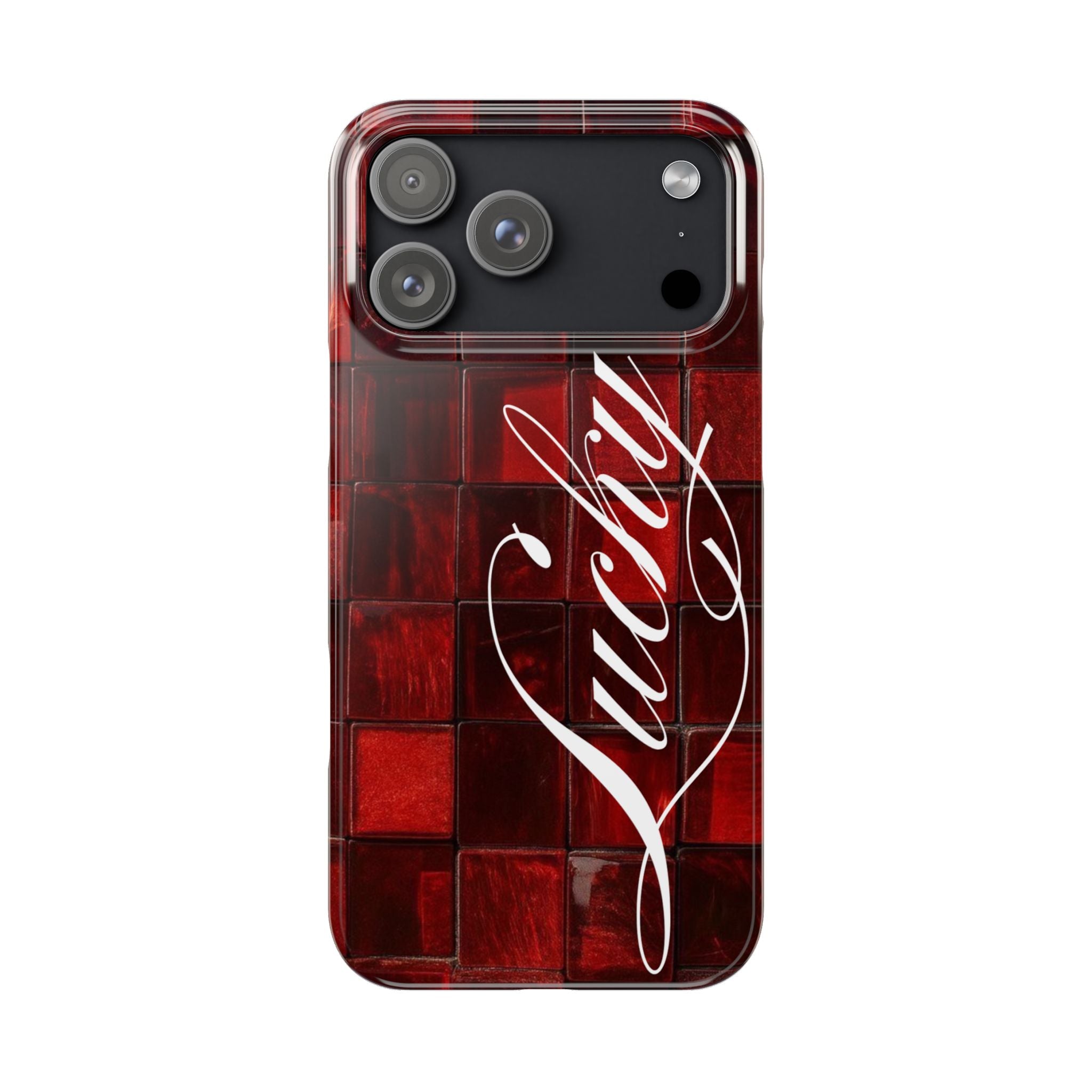 Red Mosaic 'Lucky' Slim Phone Case — Stylish Script Protective Cover