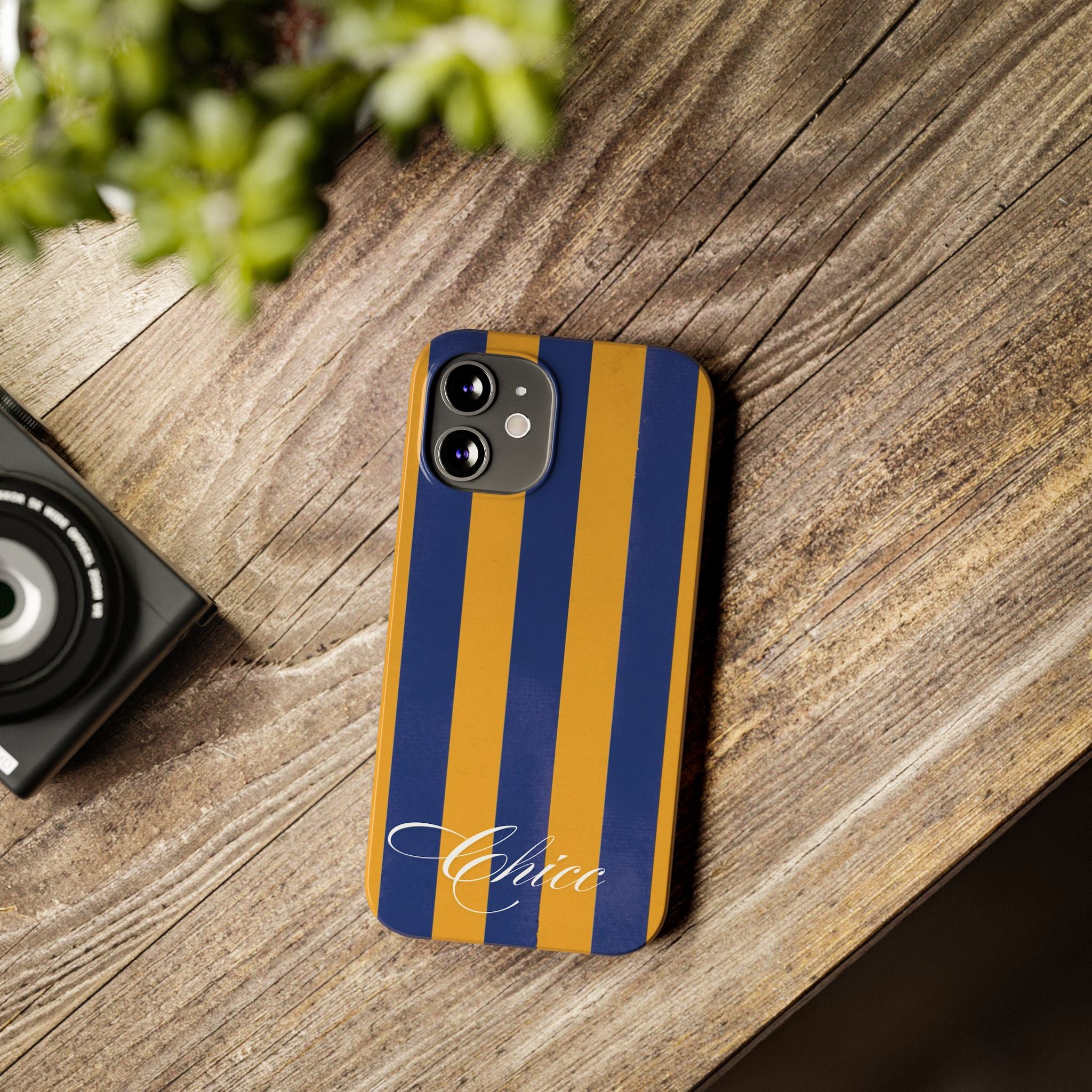 Striped Navy & Gold Slim Phone Case — "Chicc" Script Accent