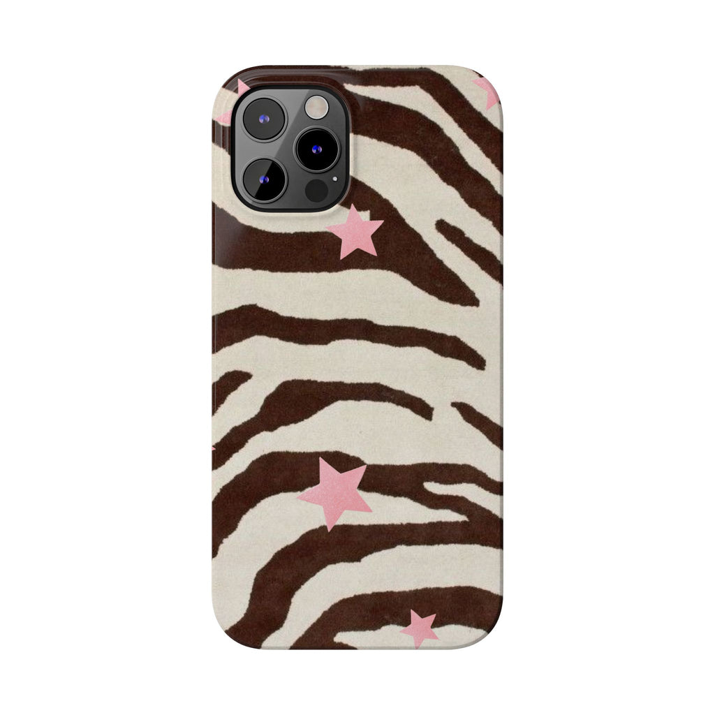 Zebra Stripe Slim Phone Case with Pink Stars – Trendy Animal Print Protector