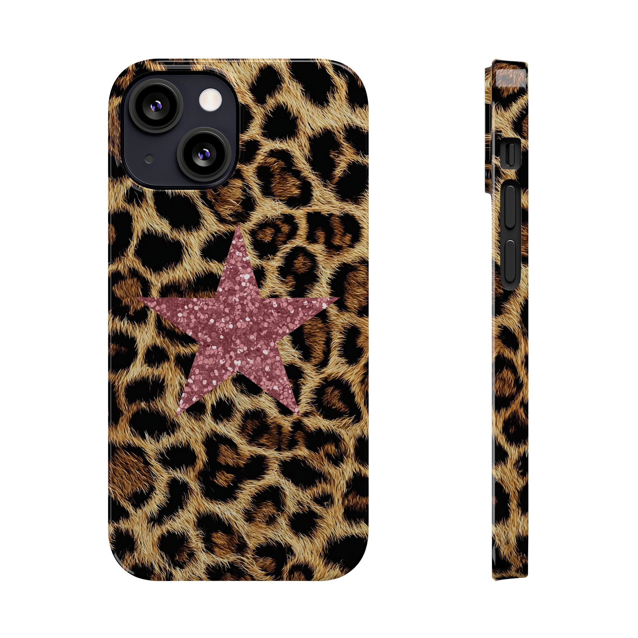 Leopard Print Slim Phone Case with Pink Glitter Star — Chic Animal Print Protective Cover
