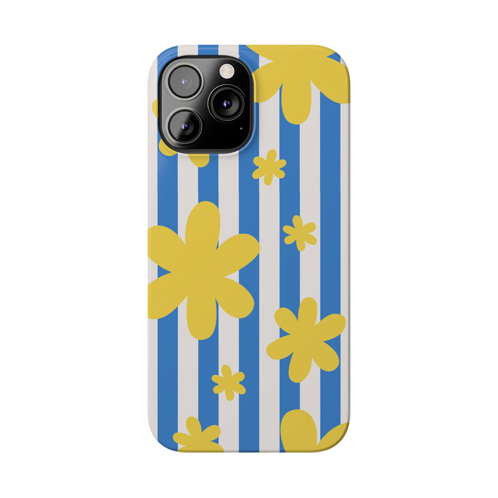 Retro Blue Stripes with Yellow Flower Pattern