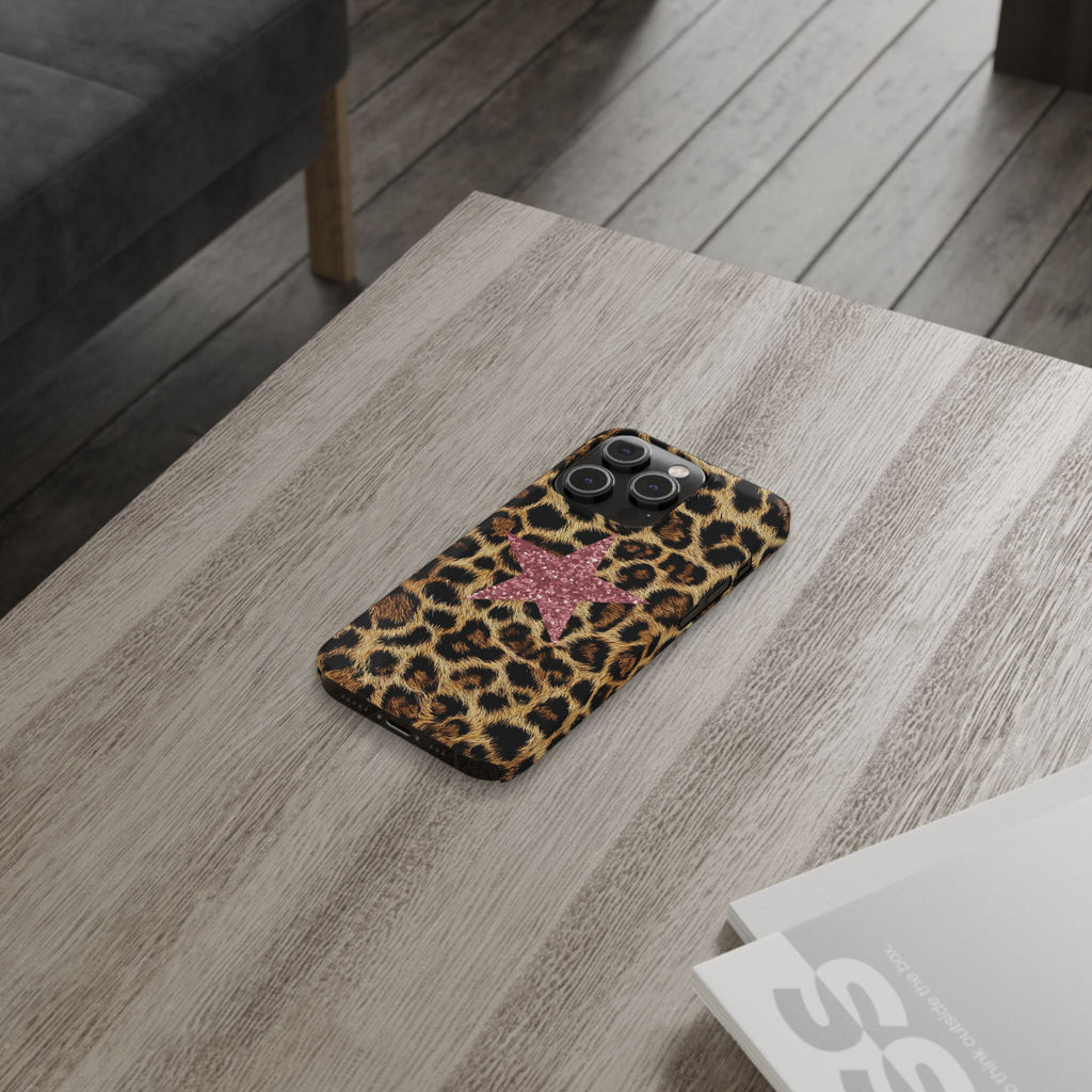 Leopard Print Slim Phone Case with Pink Glitter Star — Chic Animal Print Protective Cover