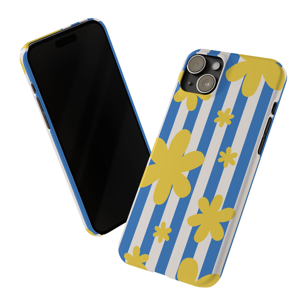 Retro Blue Stripes with Yellow Flower Pattern