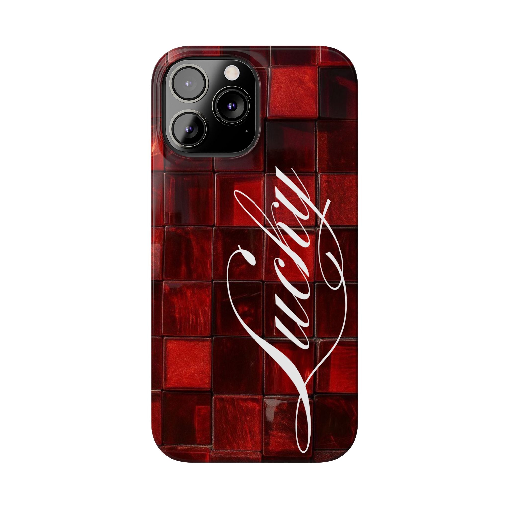 Red Mosaic 'Lucky' Slim Phone Case — Stylish Script Protective Cover