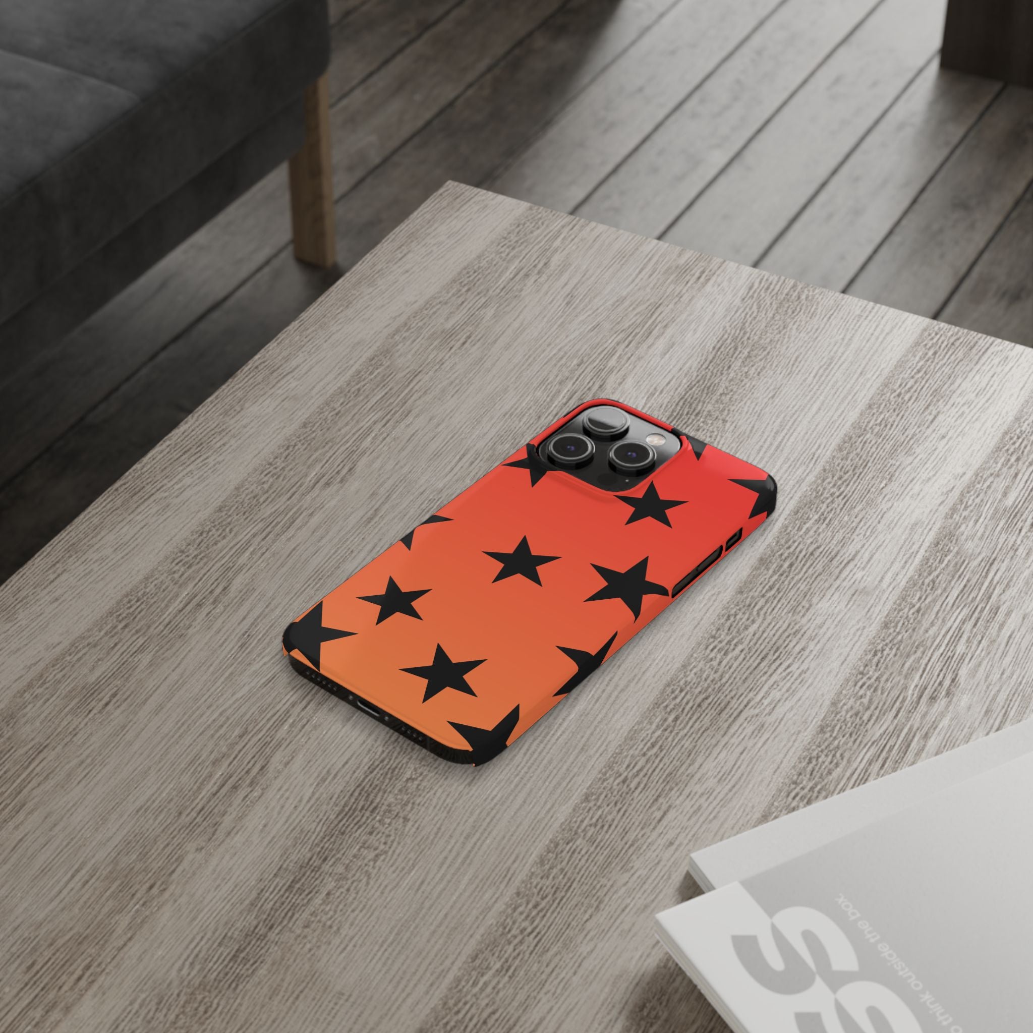 Star Pattern Slim Phone Case — Gradient Orange Red with Black Stars