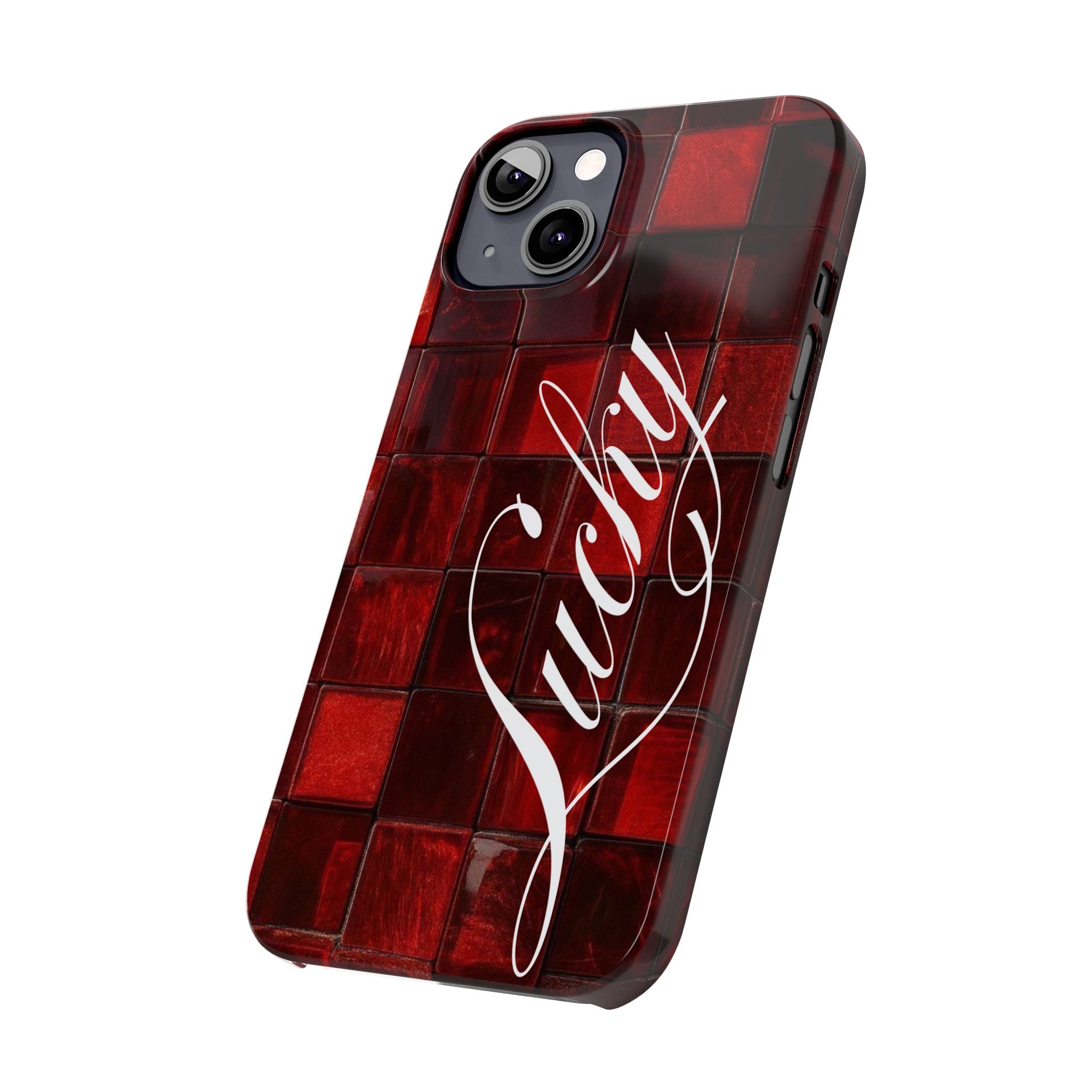 Red Mosaic 'Lucky' Slim Phone Case — Stylish Script Protective Cover