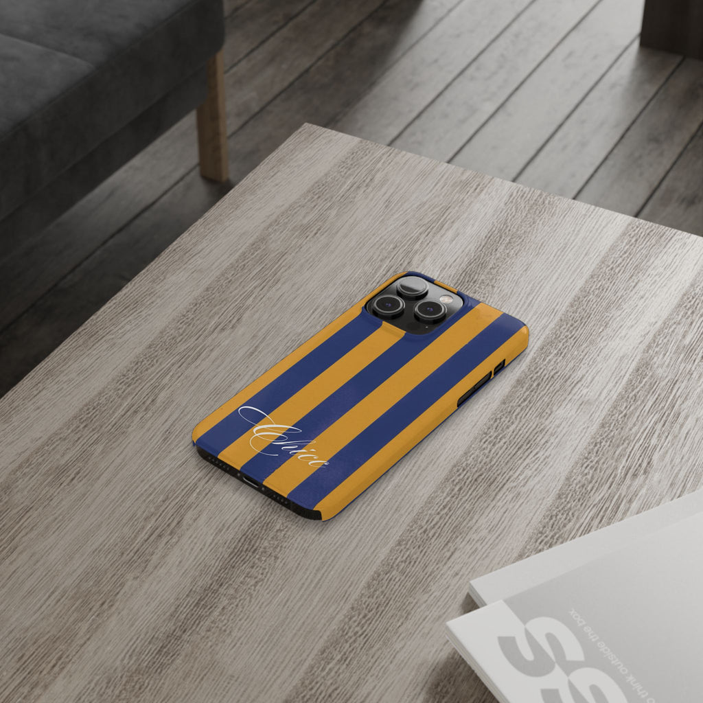 Striped Navy & Gold Slim Phone Case — "Chicc" Script Accent