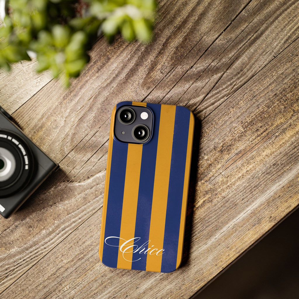 Striped Navy & Gold Slim Phone Case — "Chicc" Script Accent