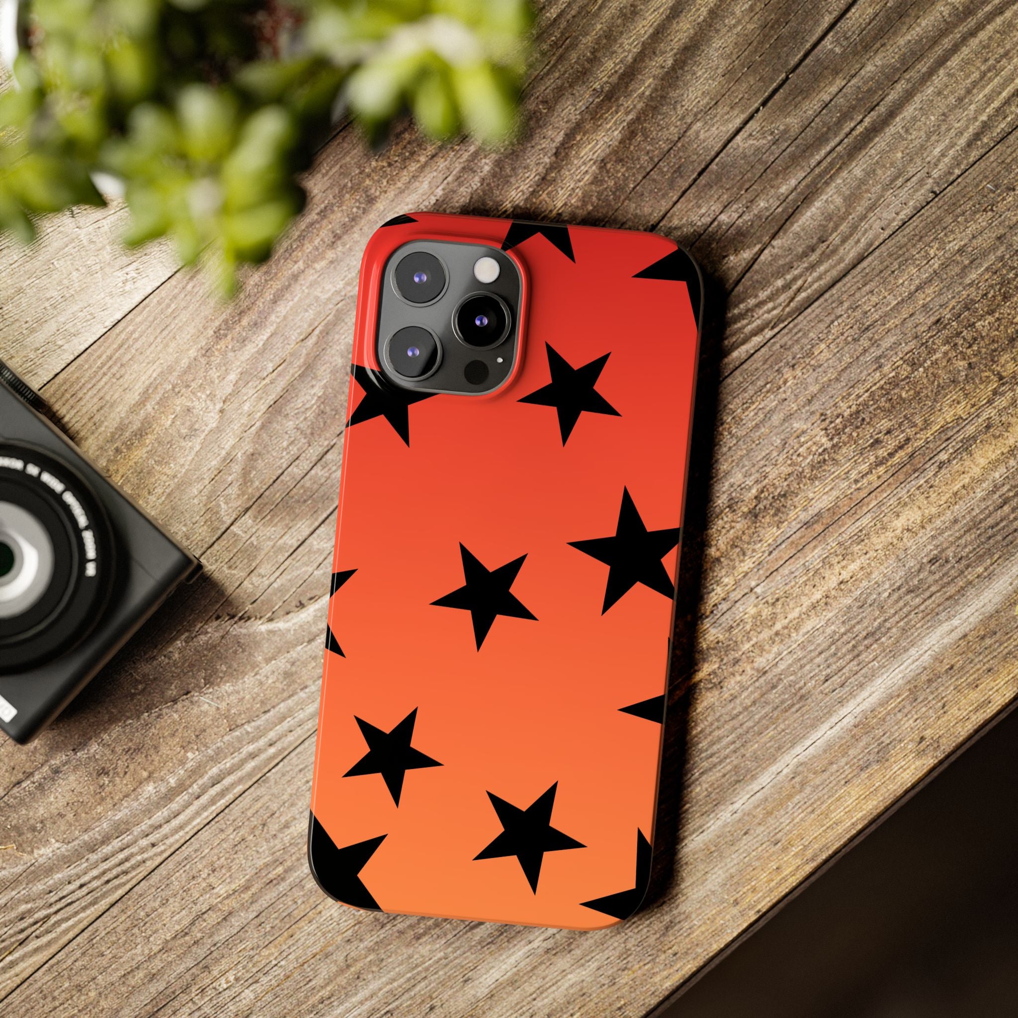 Star Pattern Slim Phone Case — Gradient Orange Red with Black Stars