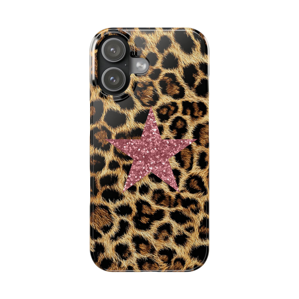Leopard Print Slim Phone Case with Pink Glitter Star — Chic Animal Print Protective Cover
