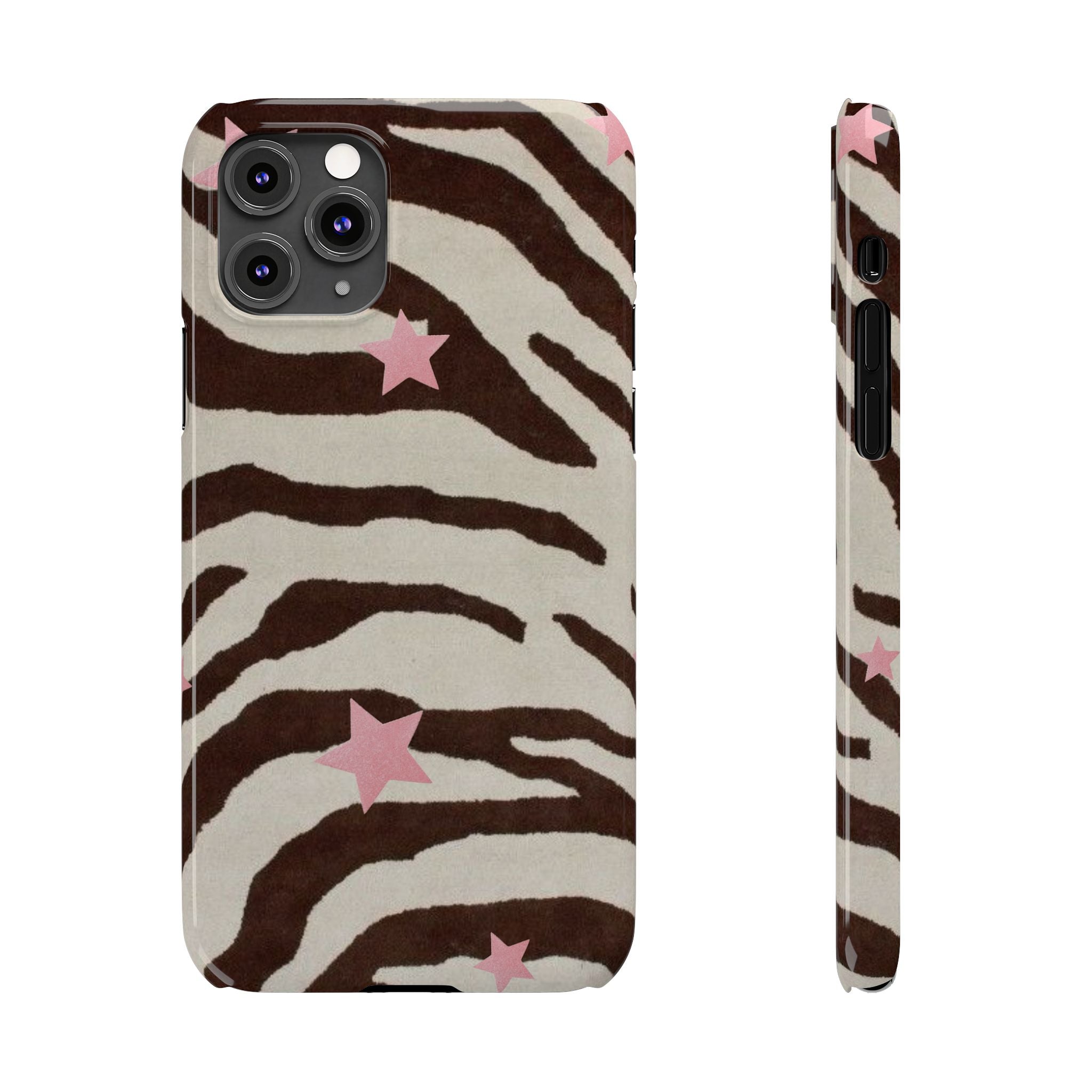 Zebra Stripe Slim Phone Case with Pink Stars – Trendy Animal Print Protector