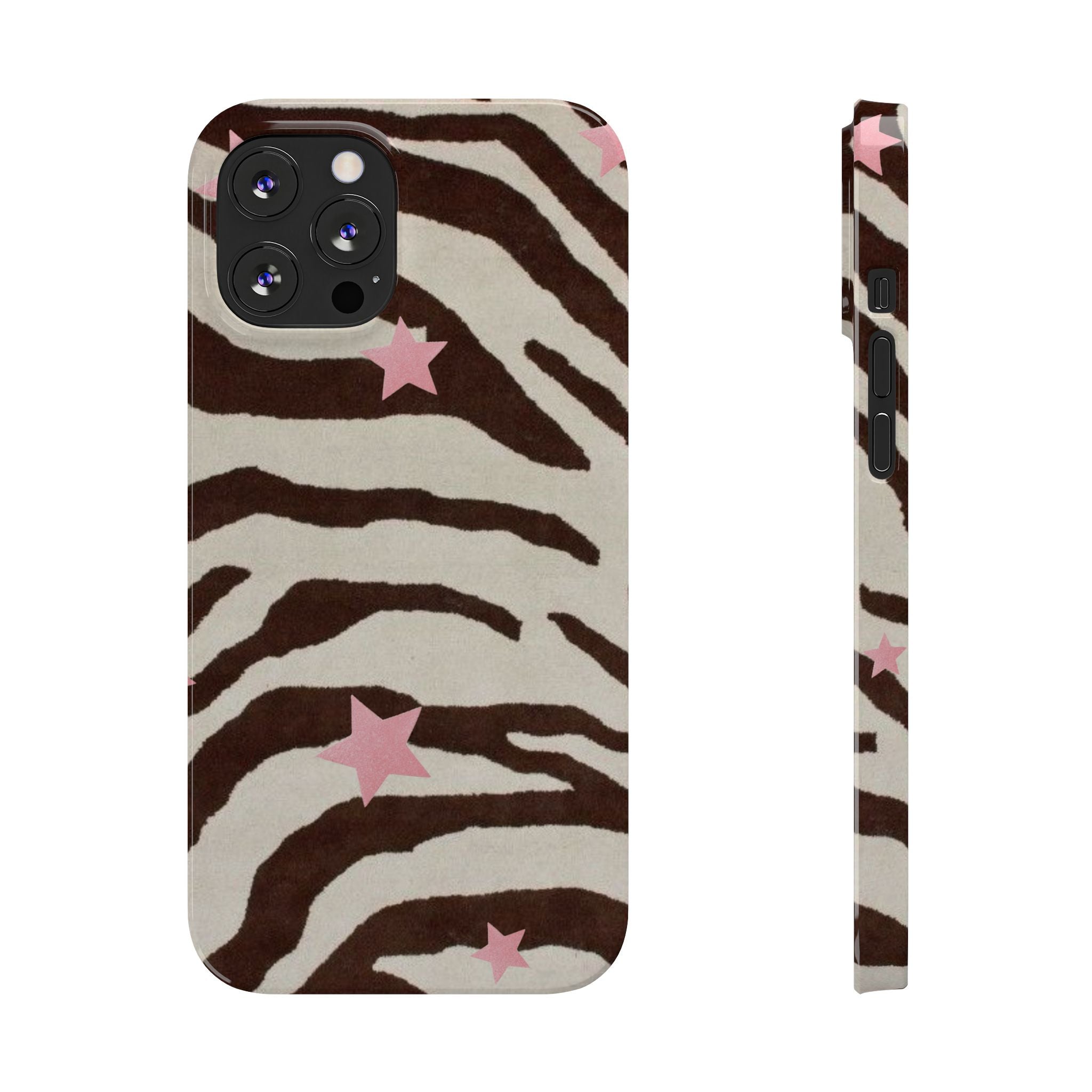 Zebra Stripe Slim Phone Case with Pink Stars – Trendy Animal Print Protector